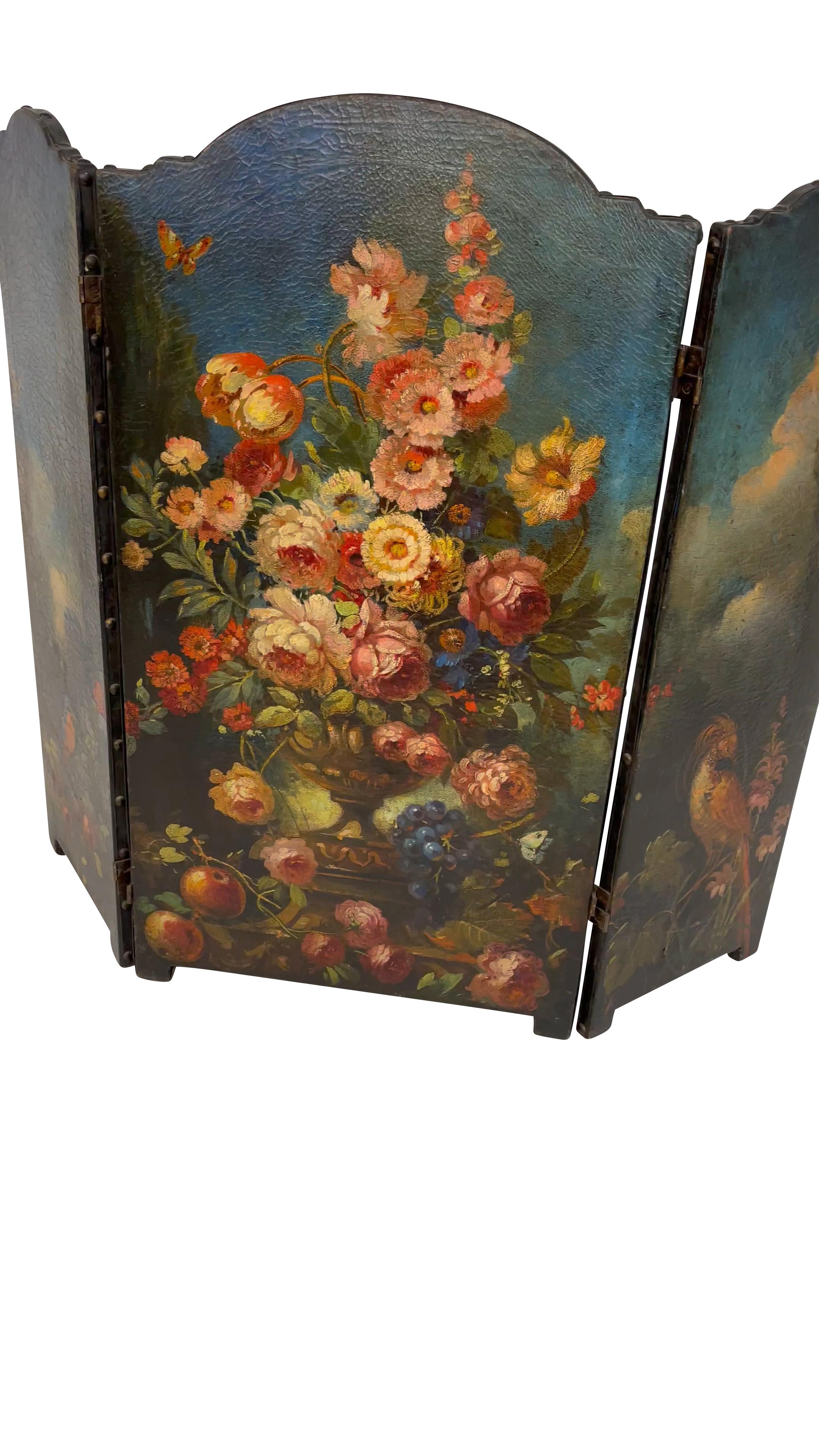 High Victorian Antique Hand-Painted Floral Leather Fire Screen