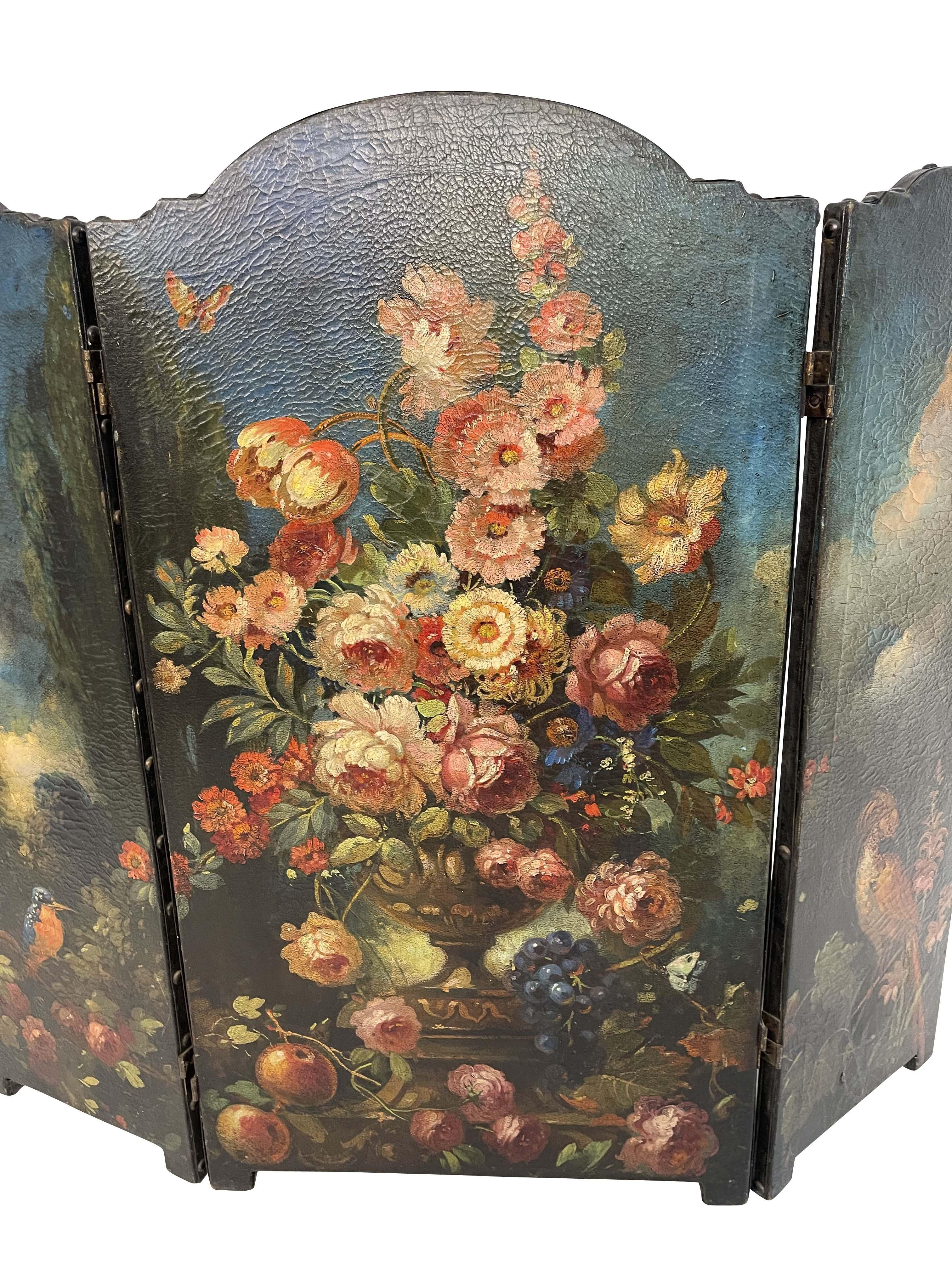 Hand-Crafted Antique Hand-Painted Floral Leather Fire Screen