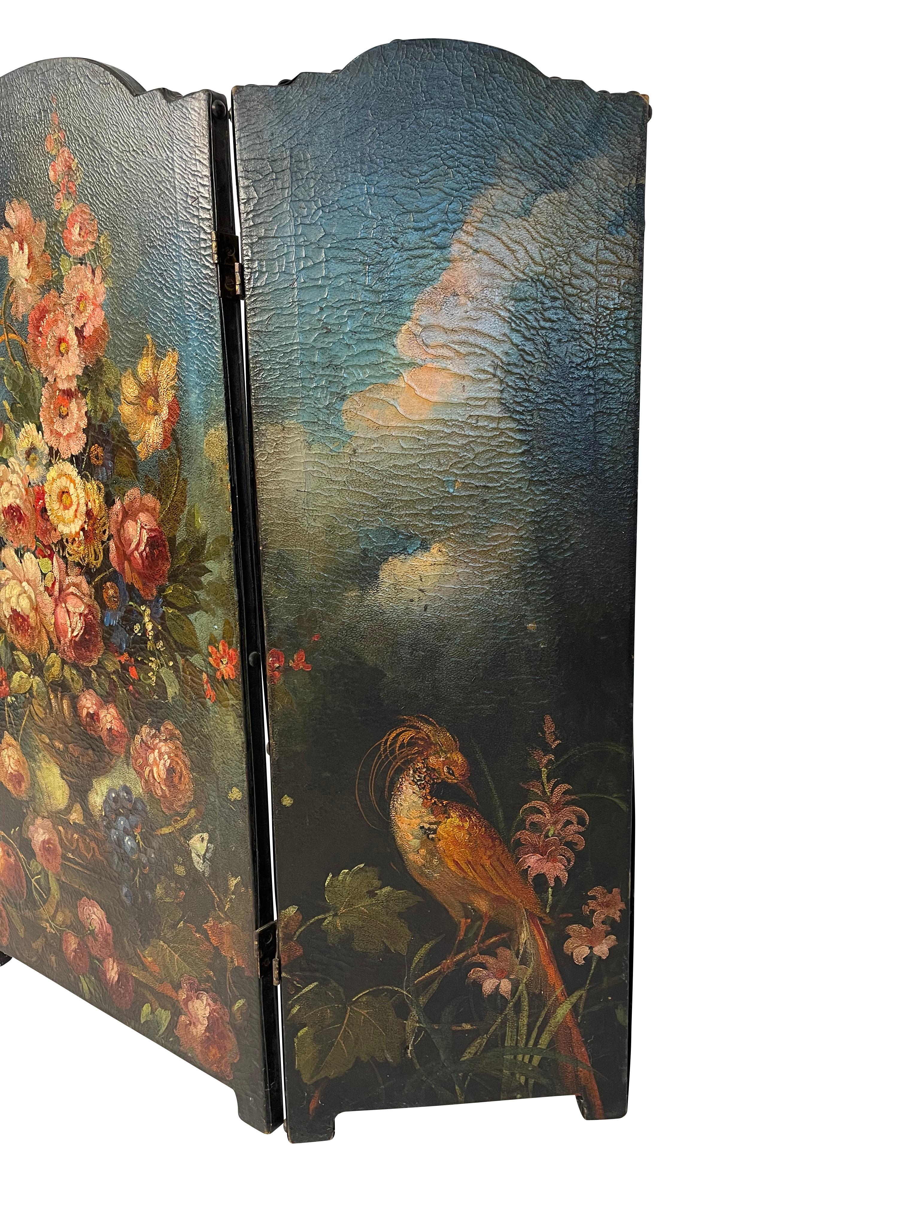 Antique Hand-Painted Floral Leather Fire Screen In Good Condition For Sale In Essex, MA