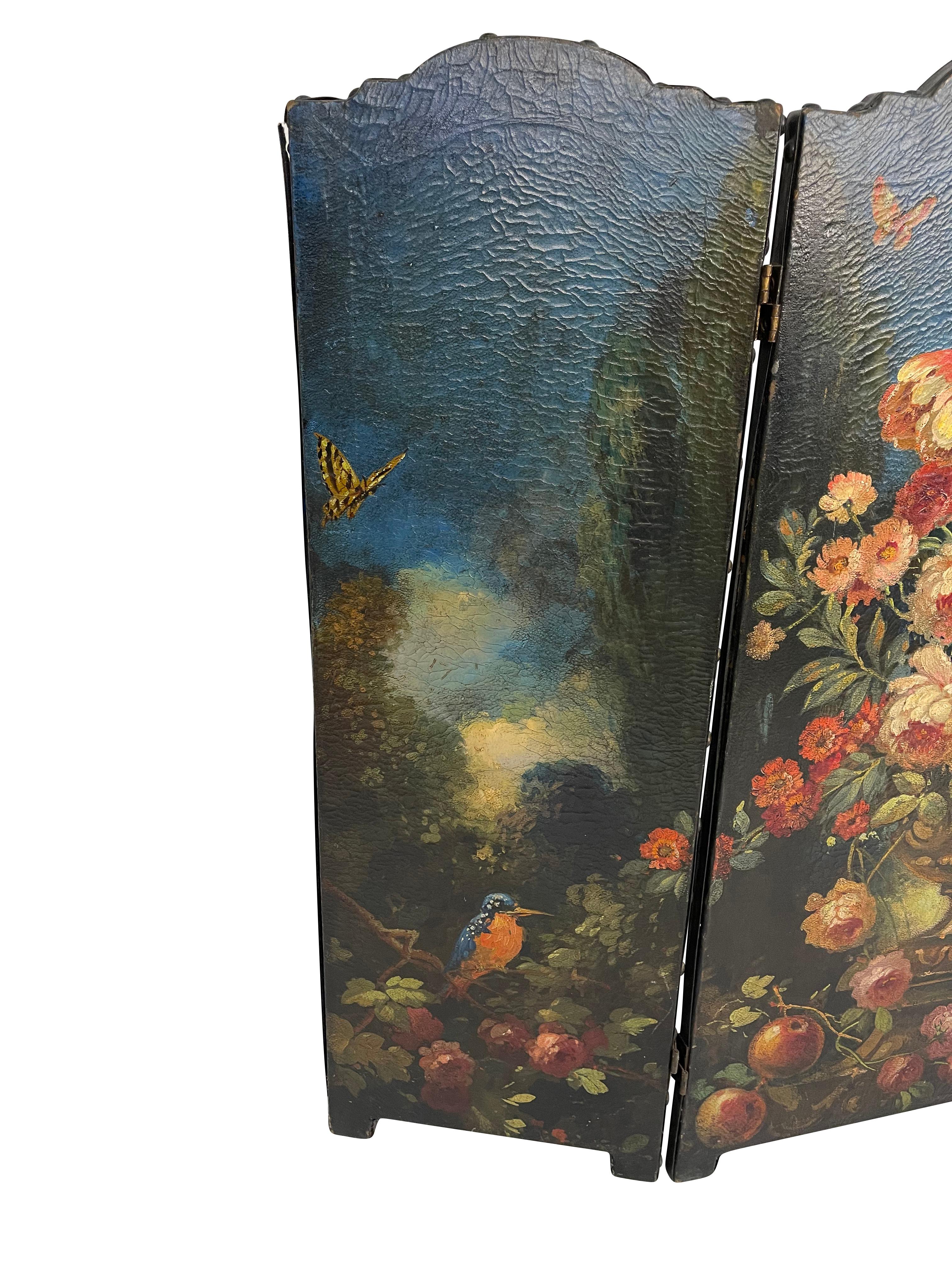 19th Century Antique Hand-Painted Floral Leather Fire Screen For Sale