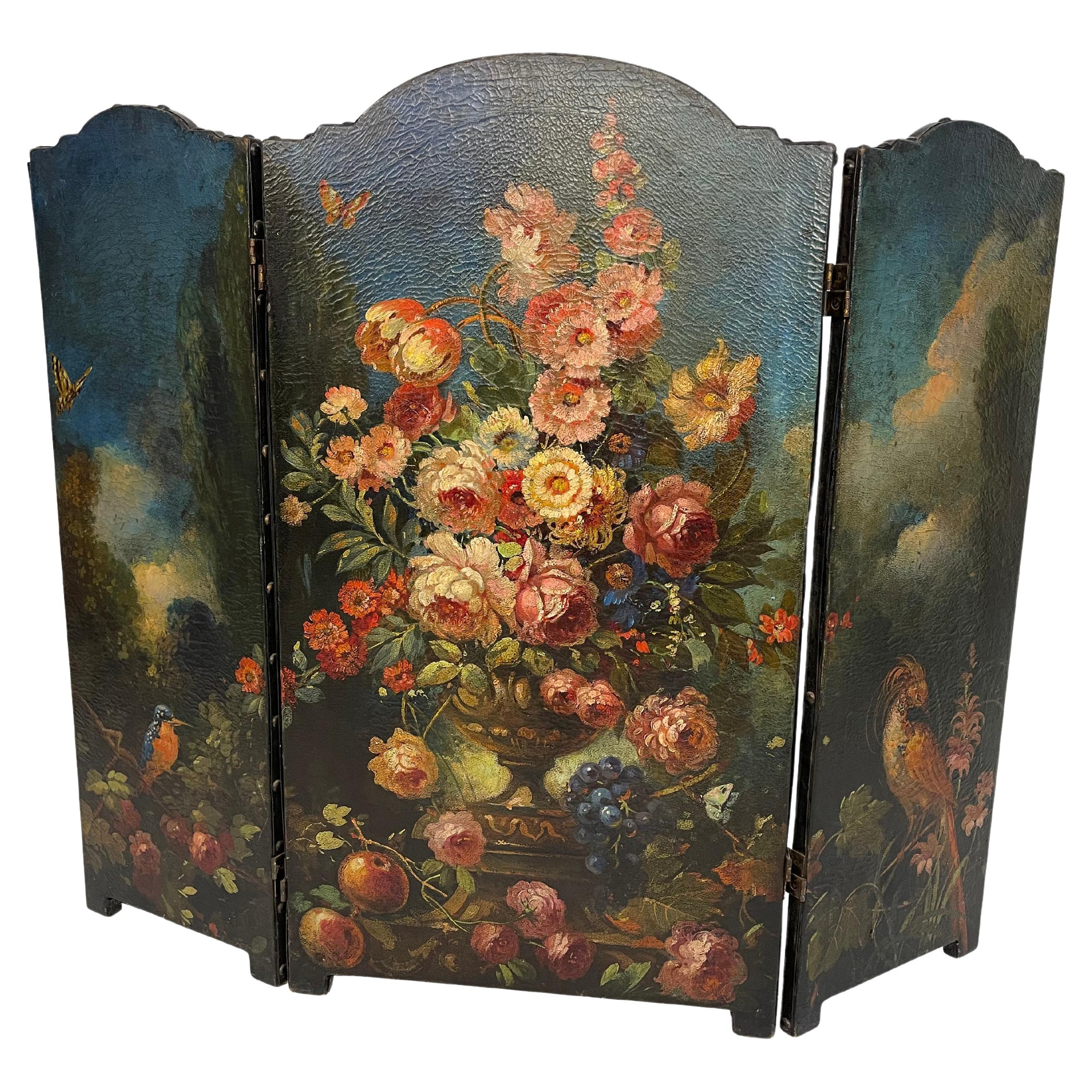 Antique Hand-Painted Floral Leather Fire Screen For Sale