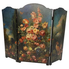 Écran de cheminée antique en cuir fleuri peint à la main