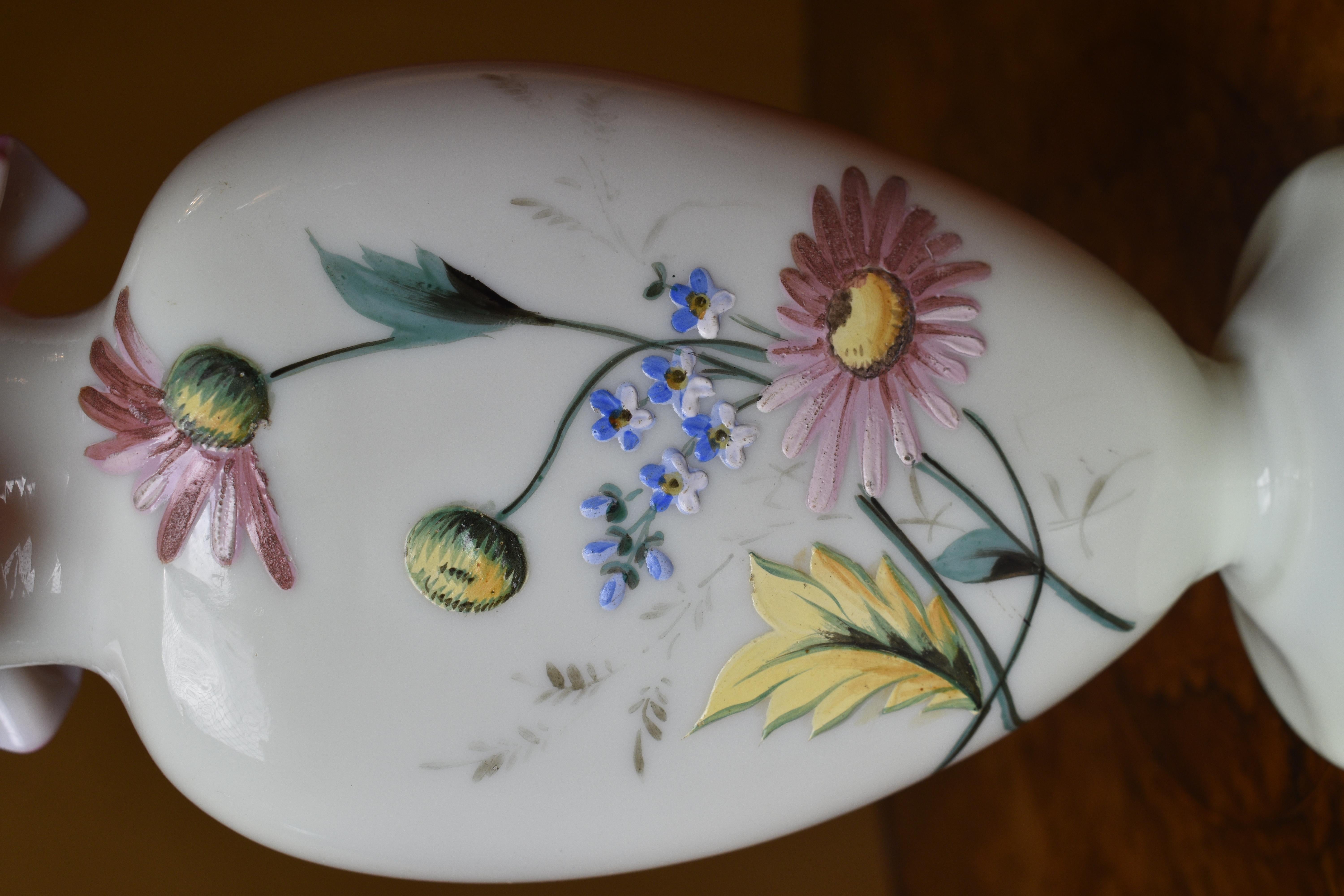 Antique Hand Painted Floral Vase with Pink Frill Rim For Sale 2