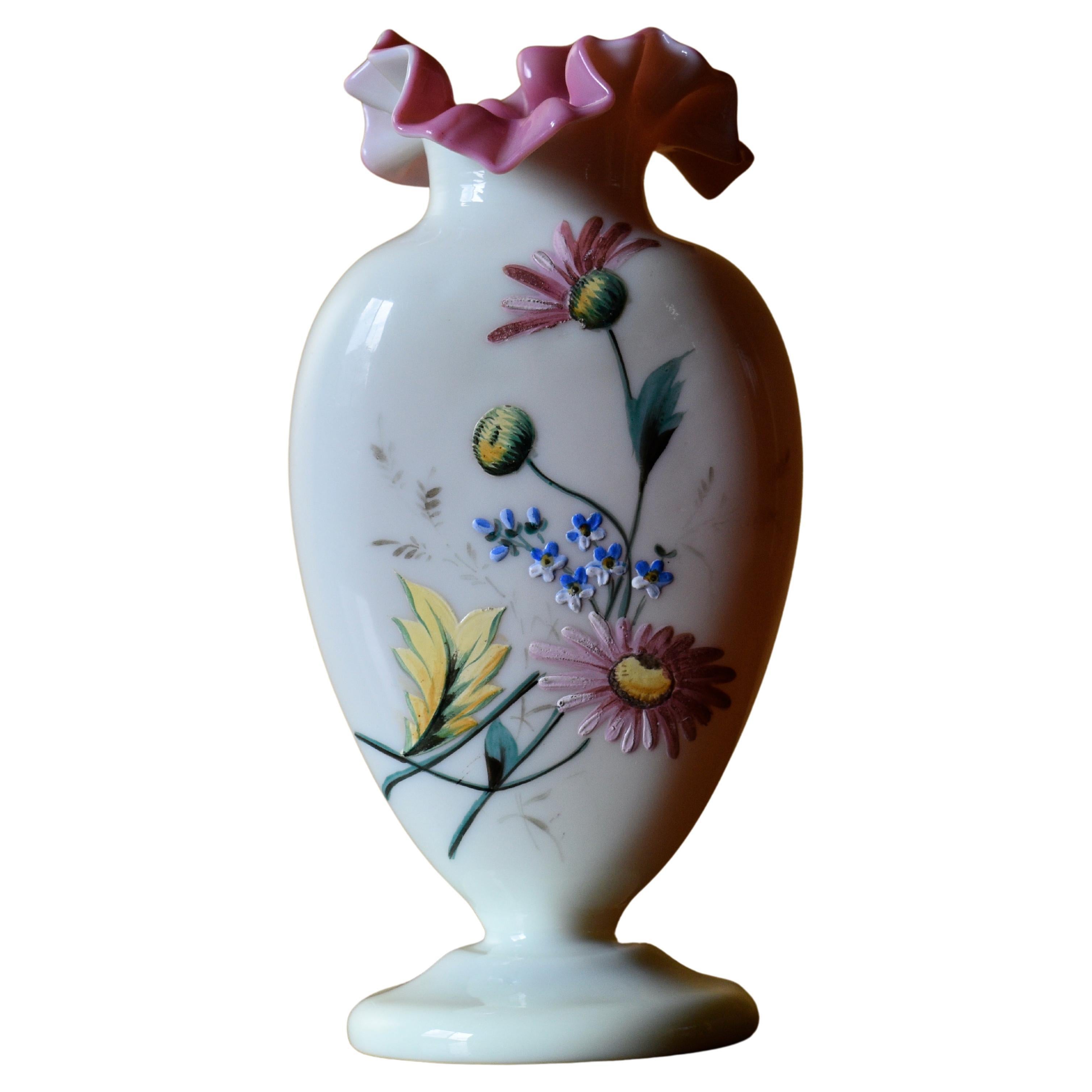 Antique Hand Painted Floral Vase with Pink Frill Rim