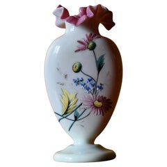 Antike handbemalte Blumenvase mit rosa Frill-Rand, antik