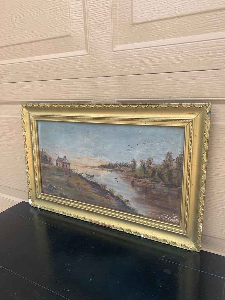 Peinture Ancienne Encadrée - Huile Sur Carton Représentant Un Paysage