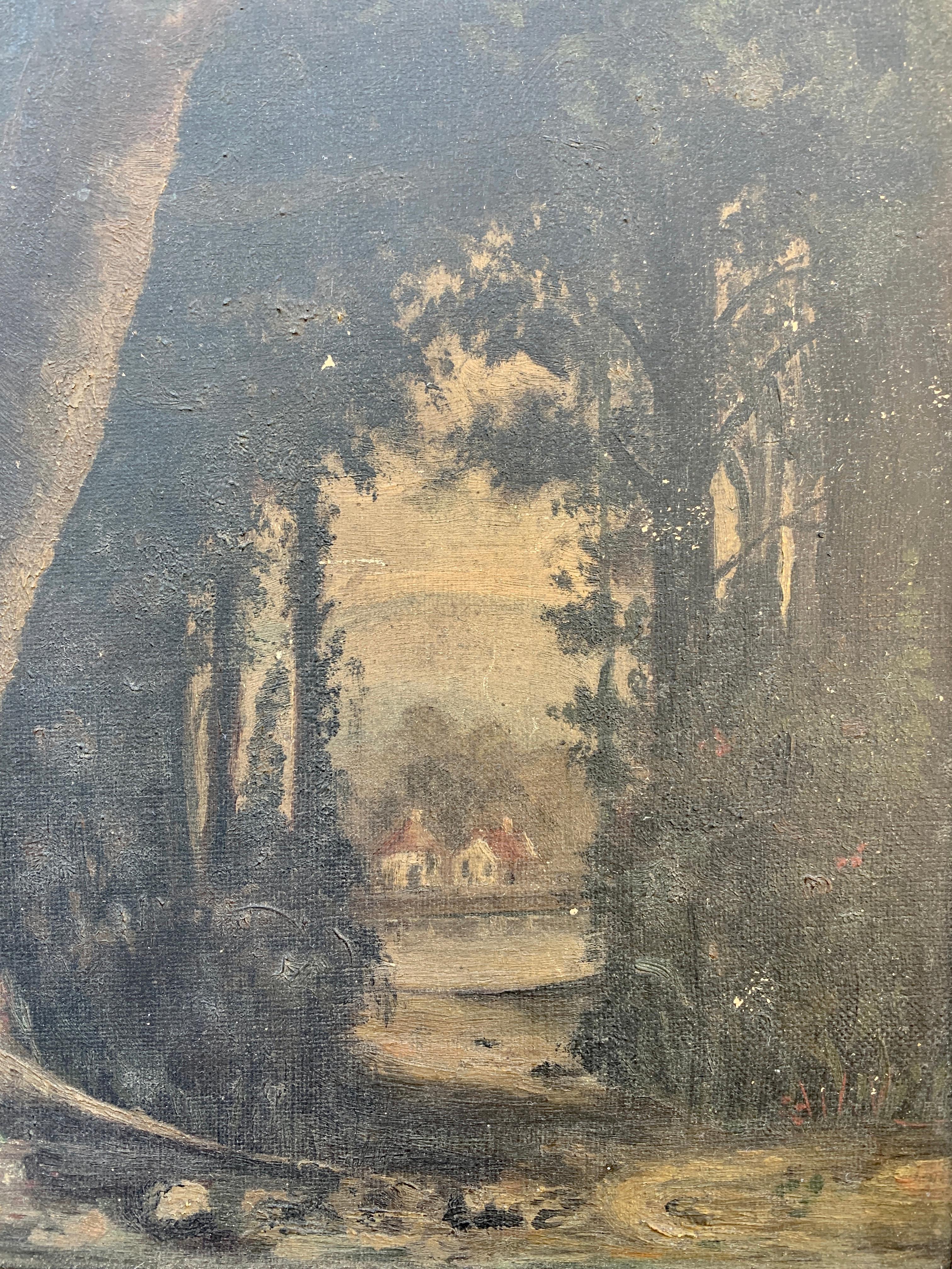 Magnifique peinture ancienne à l'huile sur toile, encadrée de bois doré, représentant un paysage forestier.

États-Unis, fin du 19e siècle

Dimensions : 9,75 
