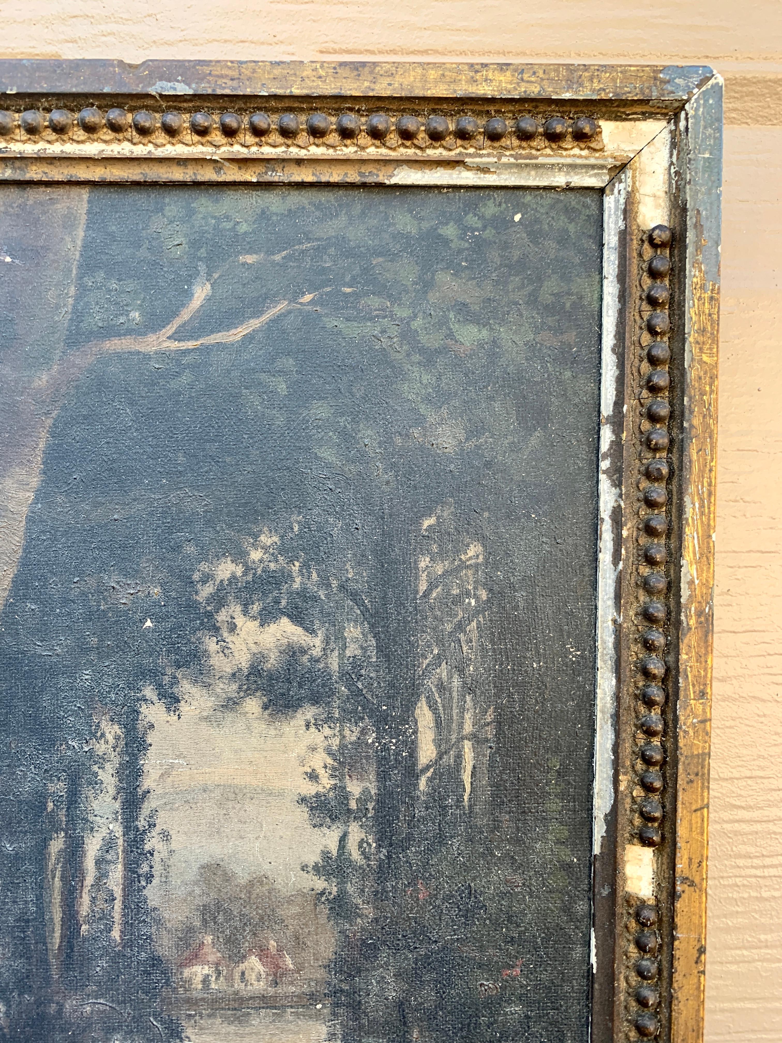 Country Ancienne huile sur toile encadrée, paysage de forêt, fin du 19ème siècle en vente