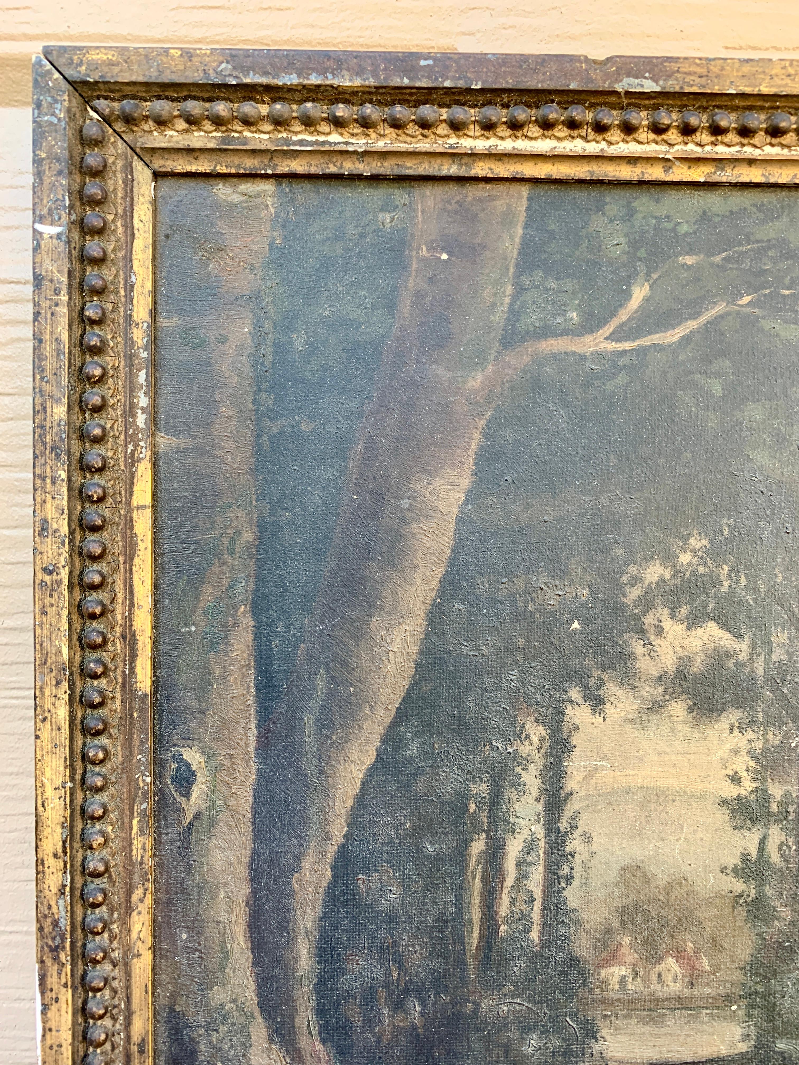 American Antique Hand Painted Framed Oil on Canvas Forest Landscape , Late 19th Century For Sale