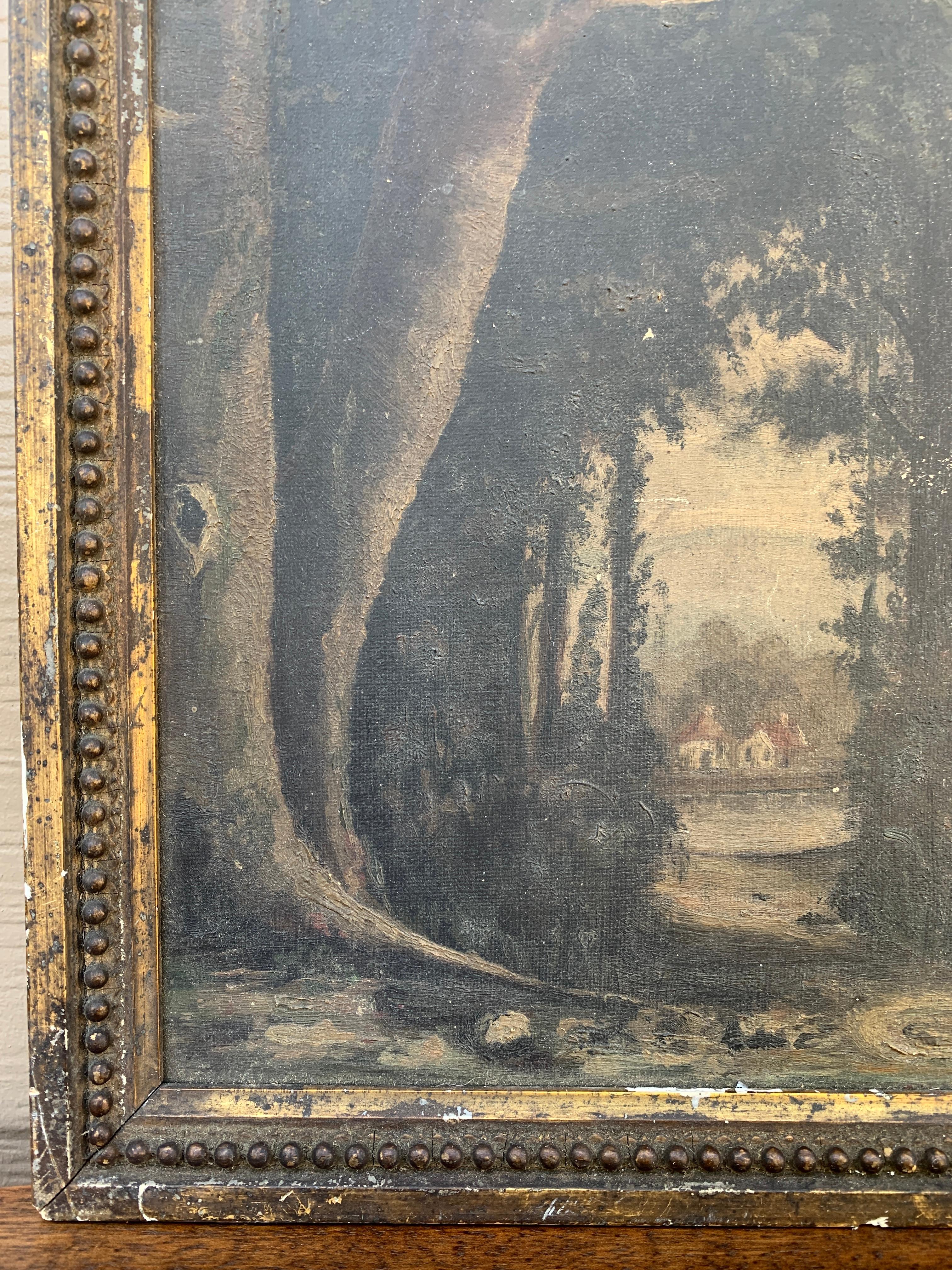 Antique Hand Painted Framed Oil on Canvas Forest Landscape , Late 19th Century In Good Condition For Sale In Elkhart, IN