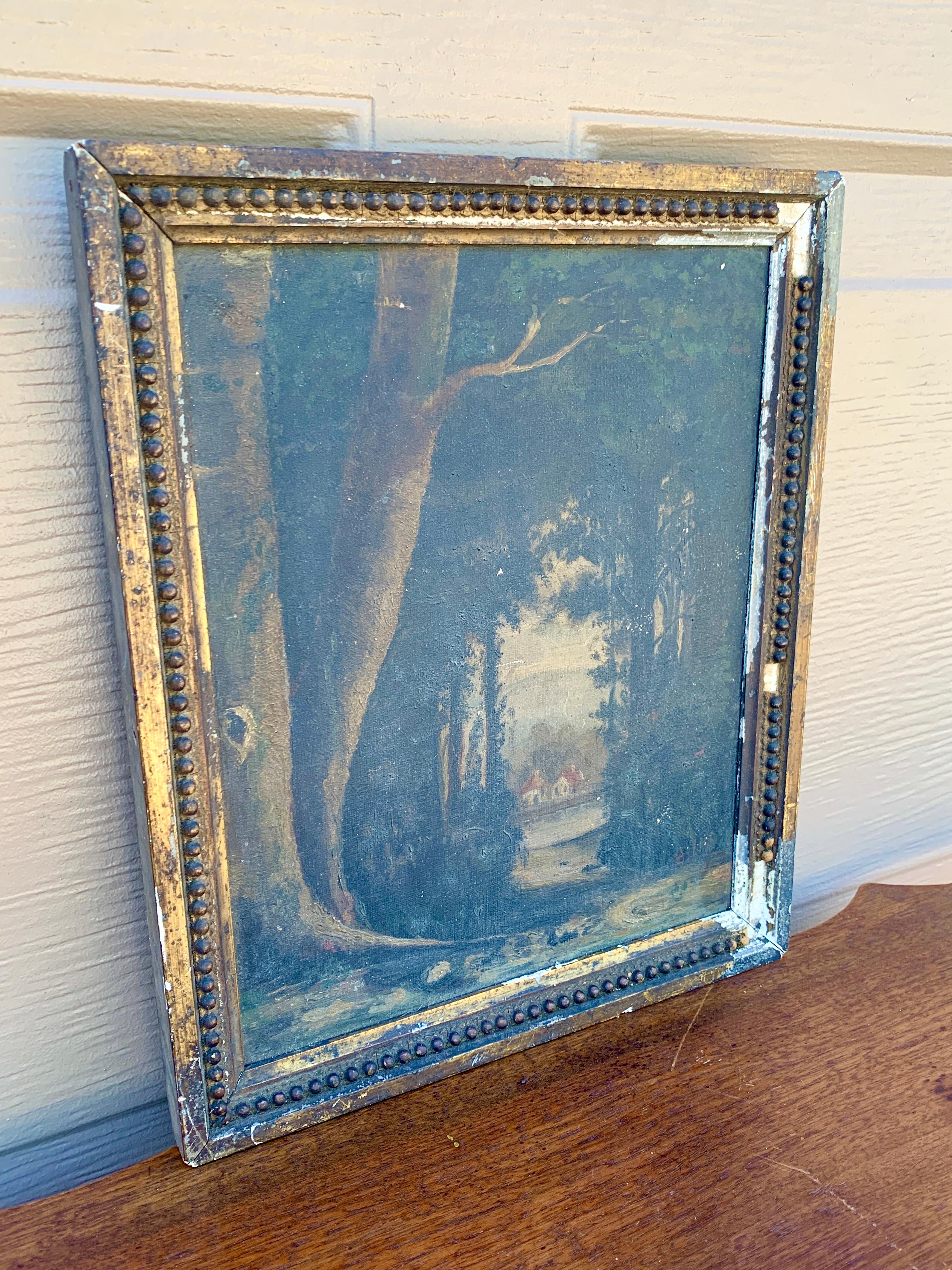 Ancienne huile sur toile encadrée, paysage de forêt, fin du 19ème siècle en vente 1