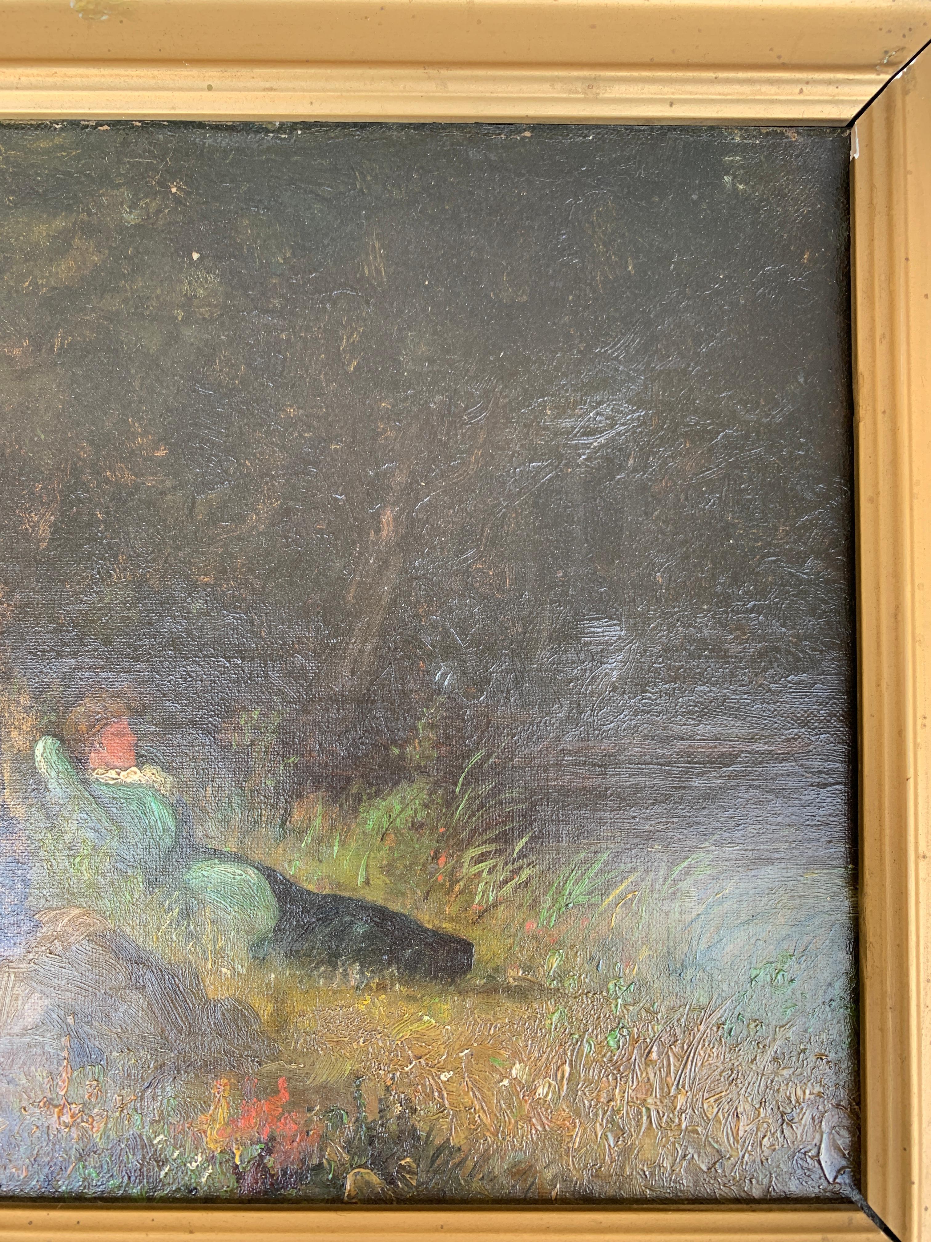 Antike handgemalte gerahmte Öl auf Leinwand Damen in einer Landschaft Gemälde im Angebot 10