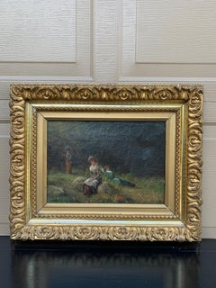 Antiguo cuadro pintado a mano al óleo sobre lienzo Damas en un paisaje