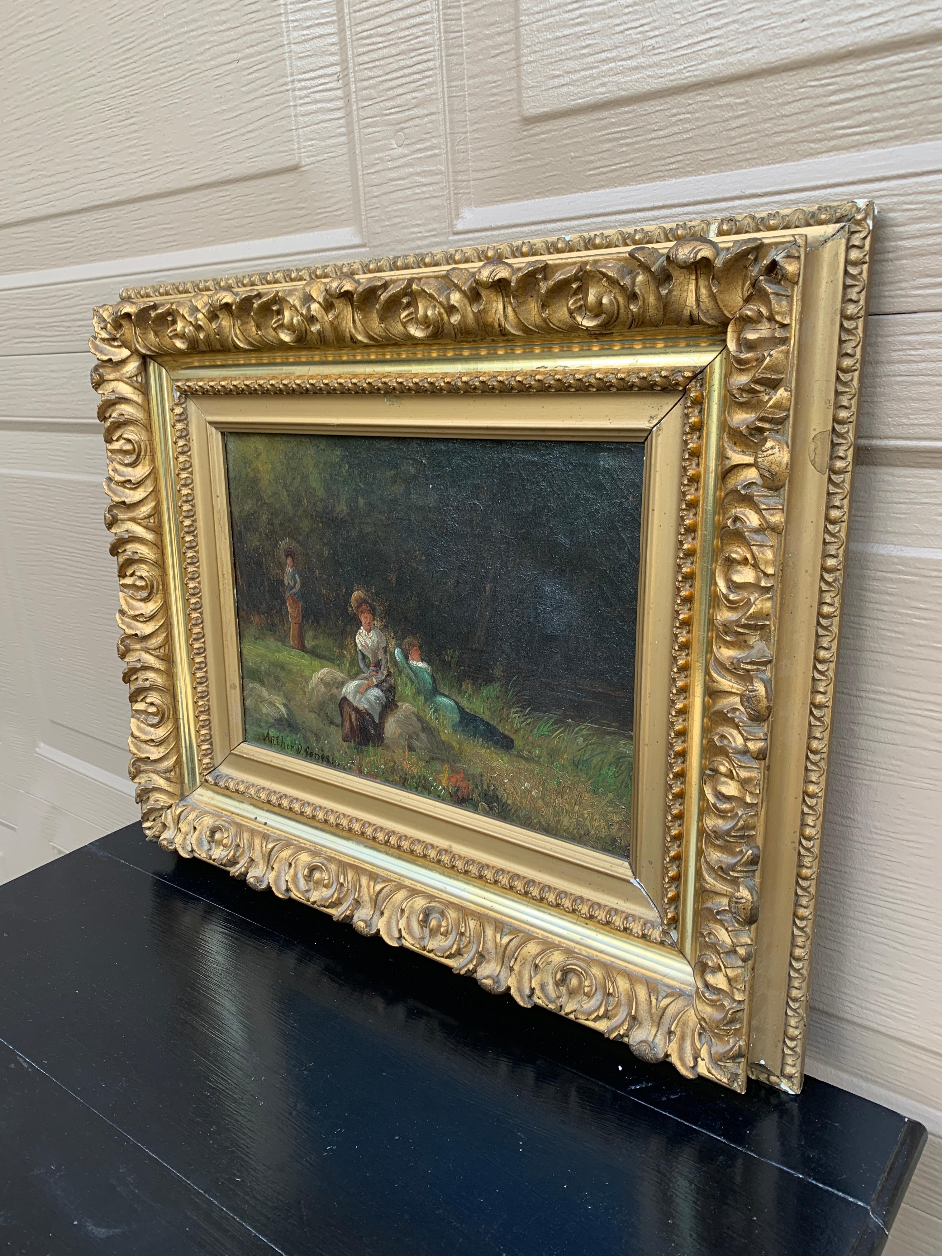 Antike handgemalte gerahmte Öl auf Leinwand Damen in einer Landschaft Gemälde (Amerikanische Klassik) im Angebot