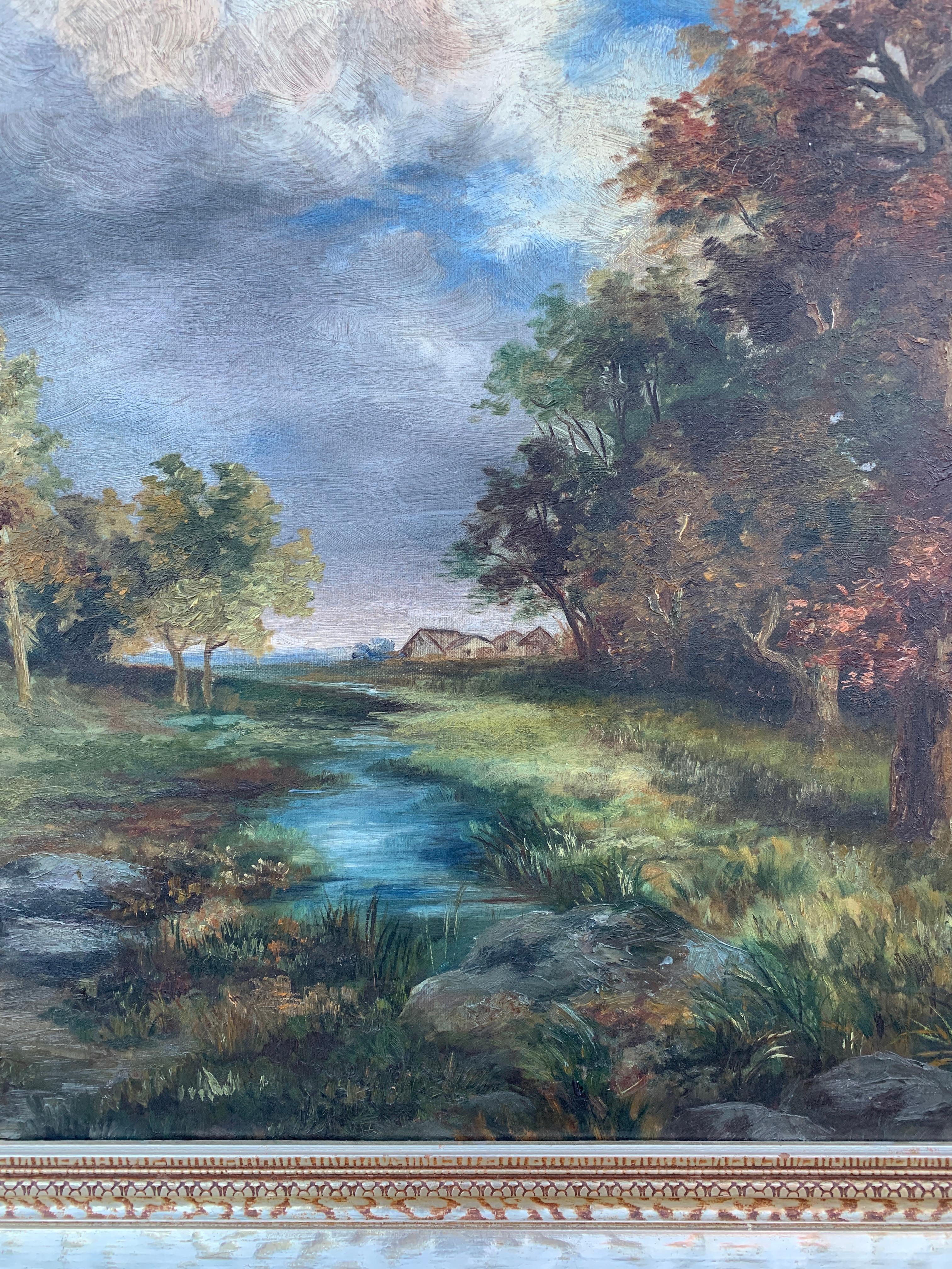 Antique Hand Painted Framed Oil on Canvas Landscape Painting, Early 20th Century For Sale 5