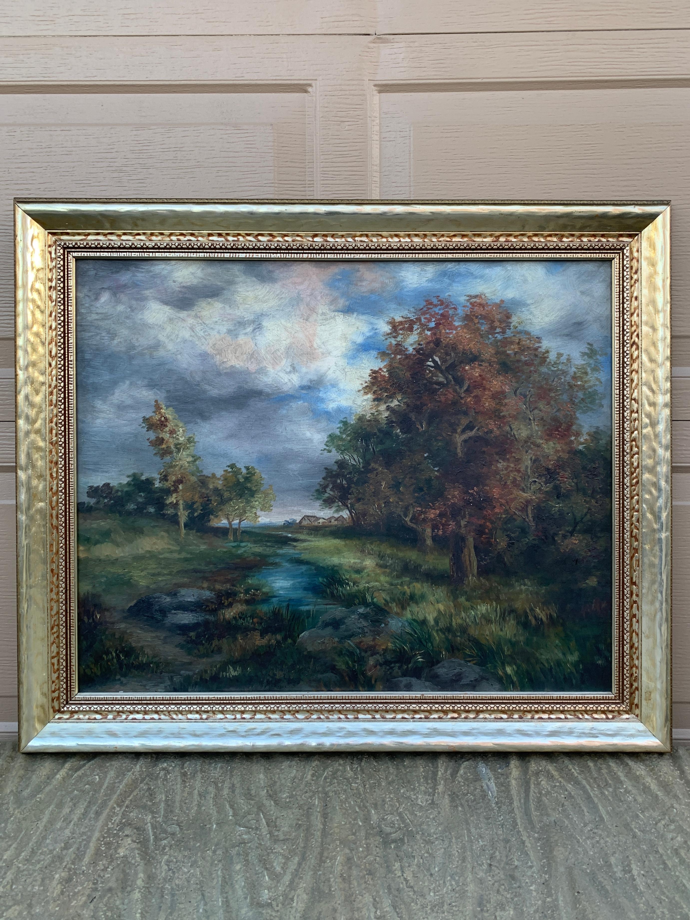 A beautiful antique hand-painted silver-gilt wood framed oil on canvas landscape painting

USA, Early 20th Century

Measures: 32.5