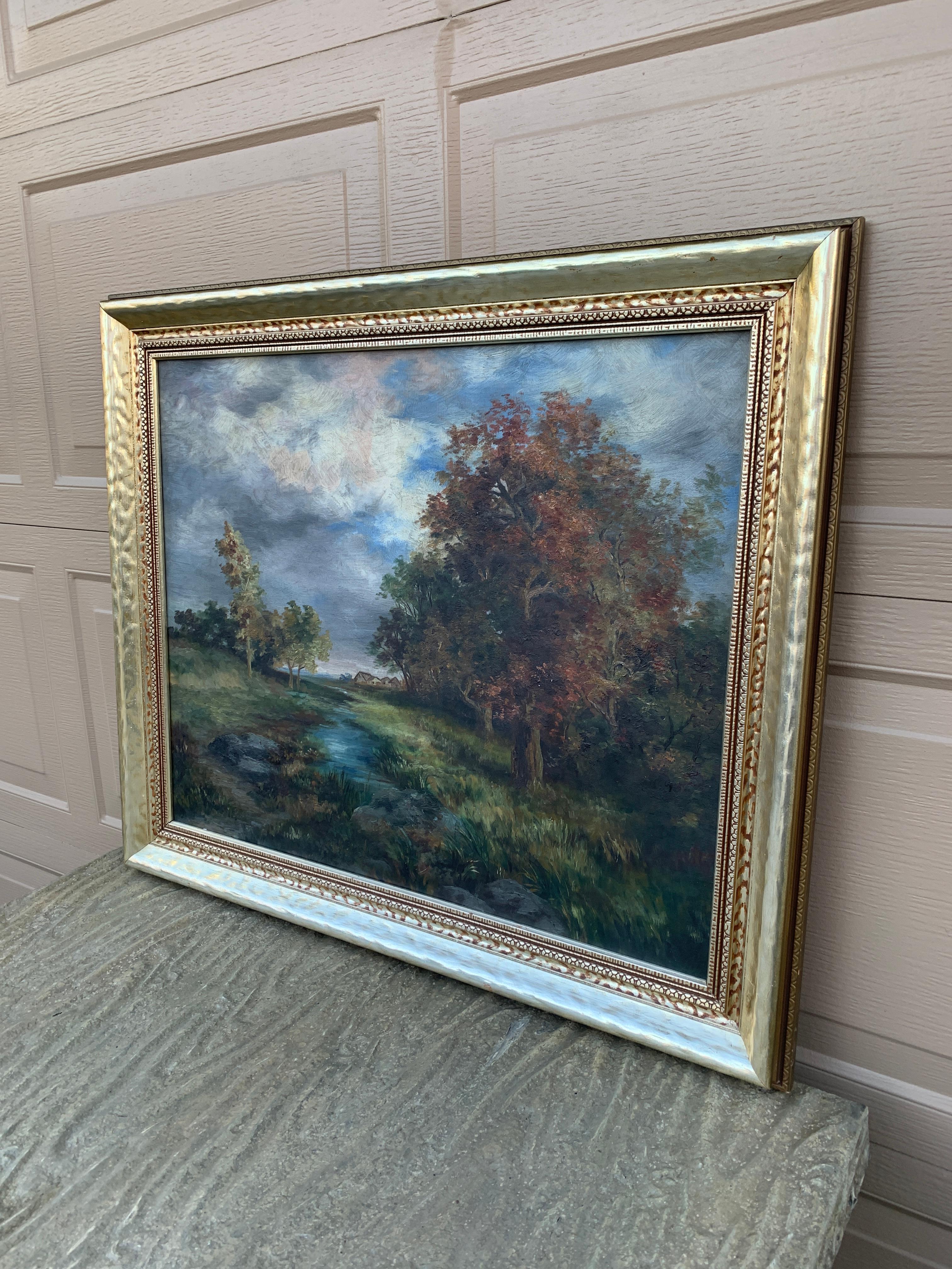 Country Antique Hand Painted Framed Oil on Canvas Landscape Painting, Early 20th Century For Sale