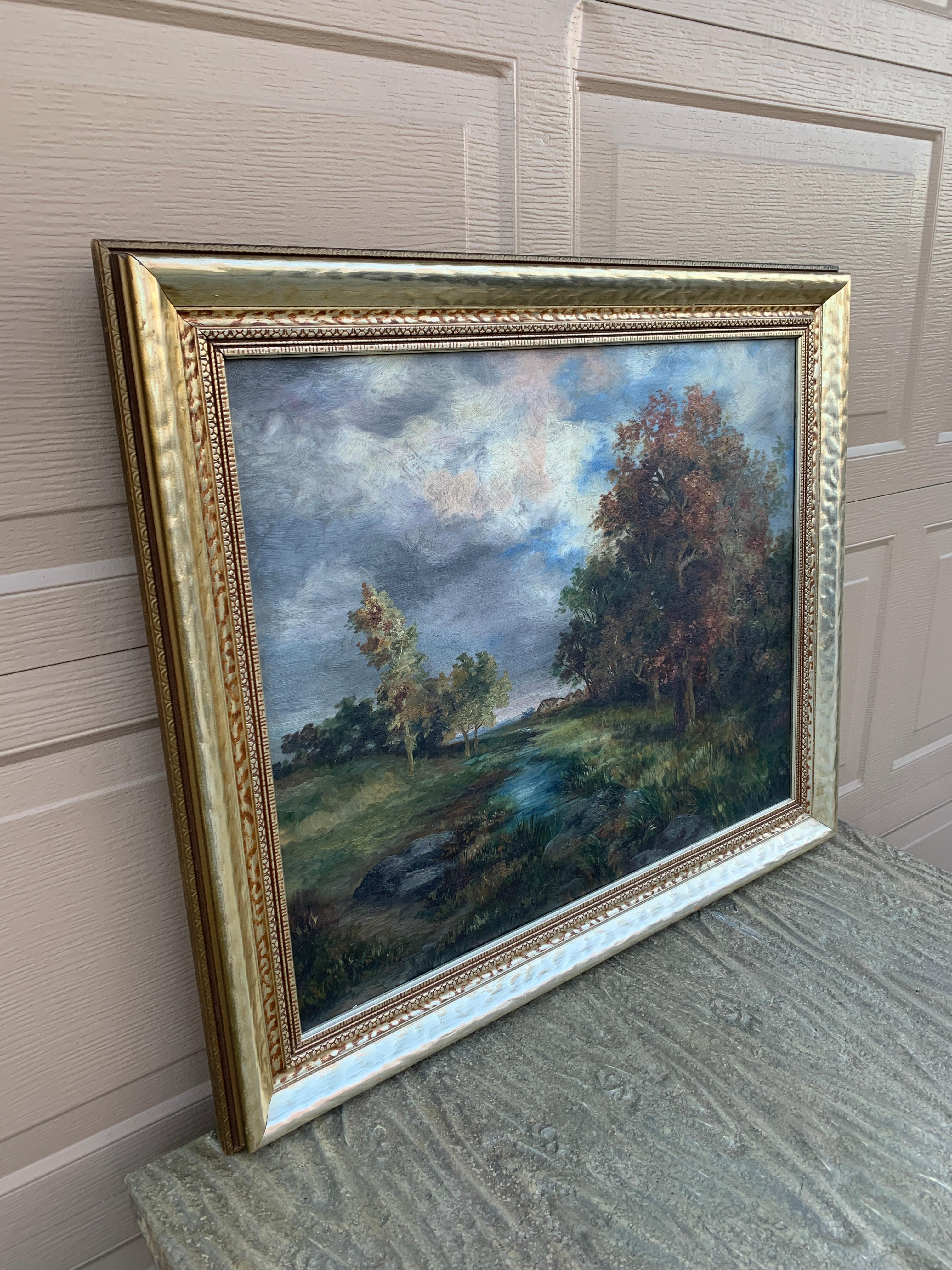 American Antique Hand Painted Framed Oil on Canvas Landscape Painting, Early 20th Century For Sale