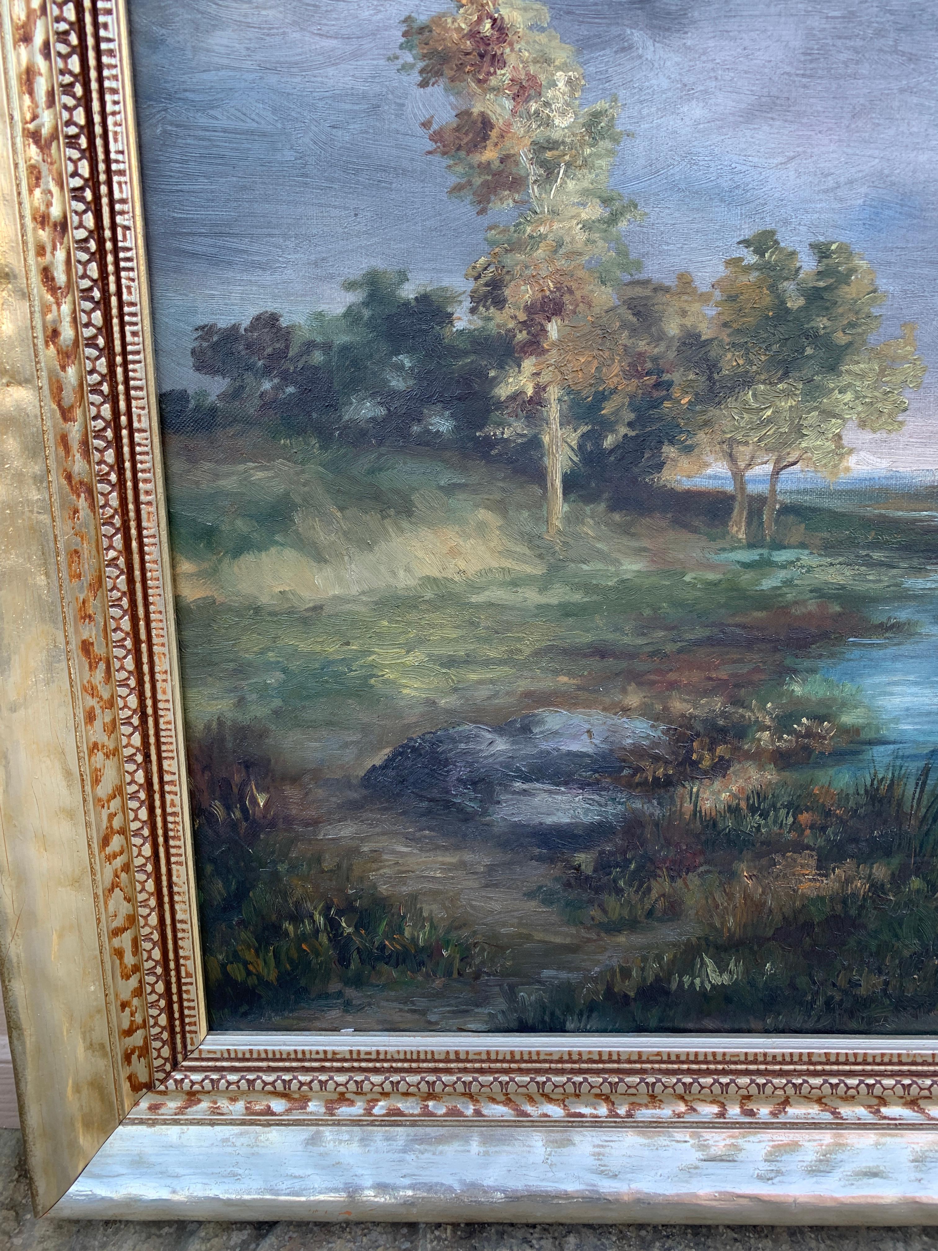 Antique Hand Painted Framed Oil on Canvas Landscape Painting, Early 20th Century In Good Condition For Sale In Elkhart, IN