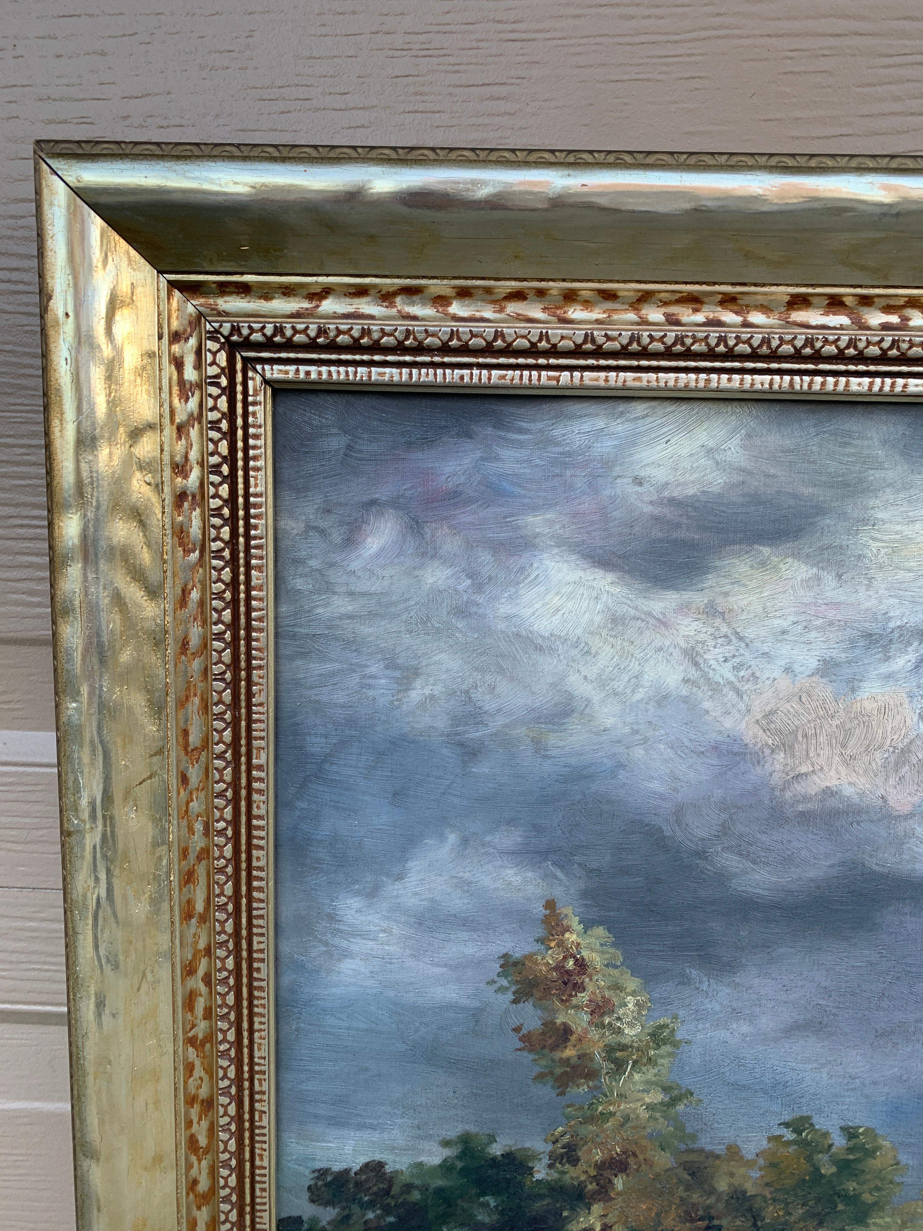 Antique Hand Painted Framed Oil on Canvas Landscape Painting, Early 20th Century For Sale 1