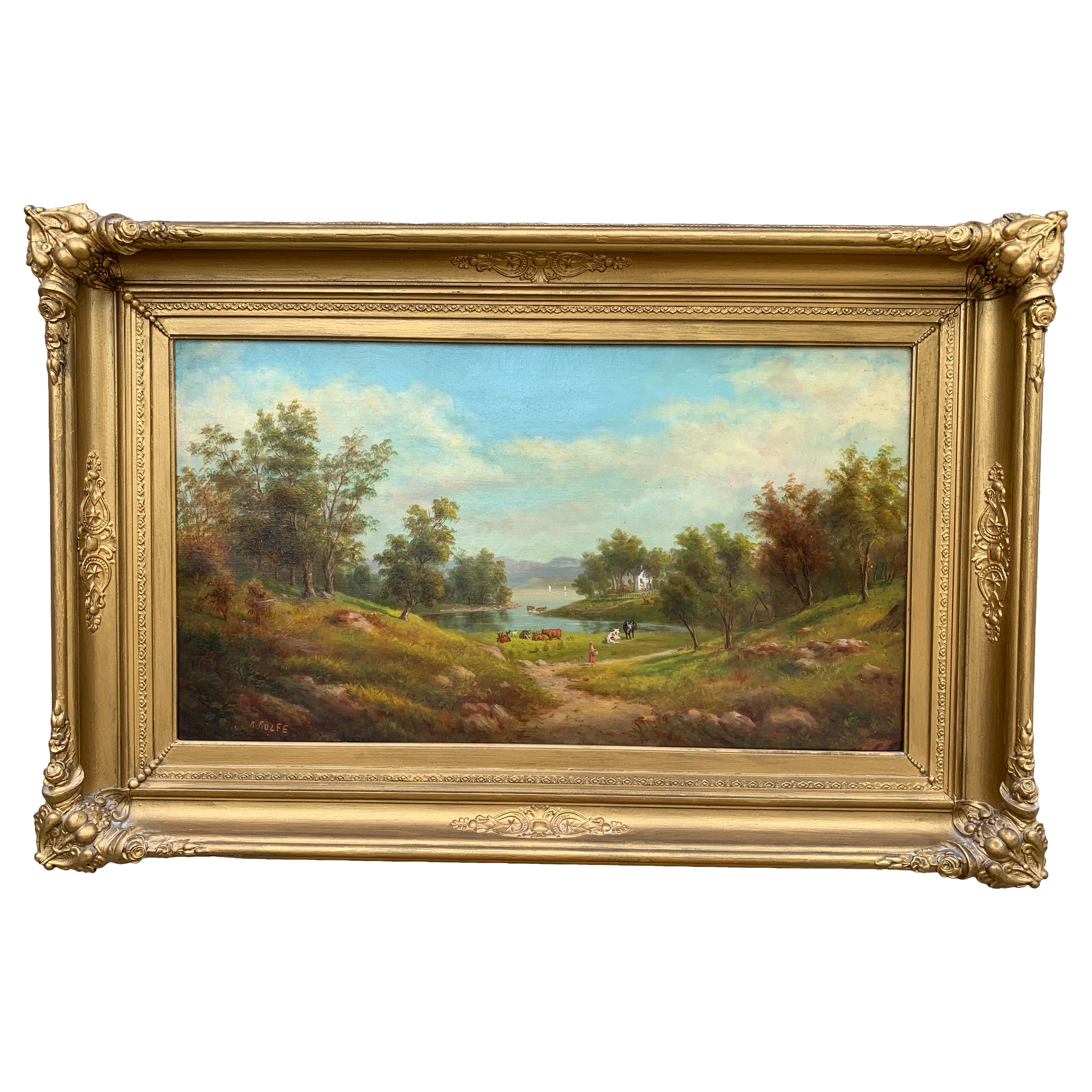 Peinture ancienne à l'huile sur toile peinte à la main et encadrée, Mid Century Antiques