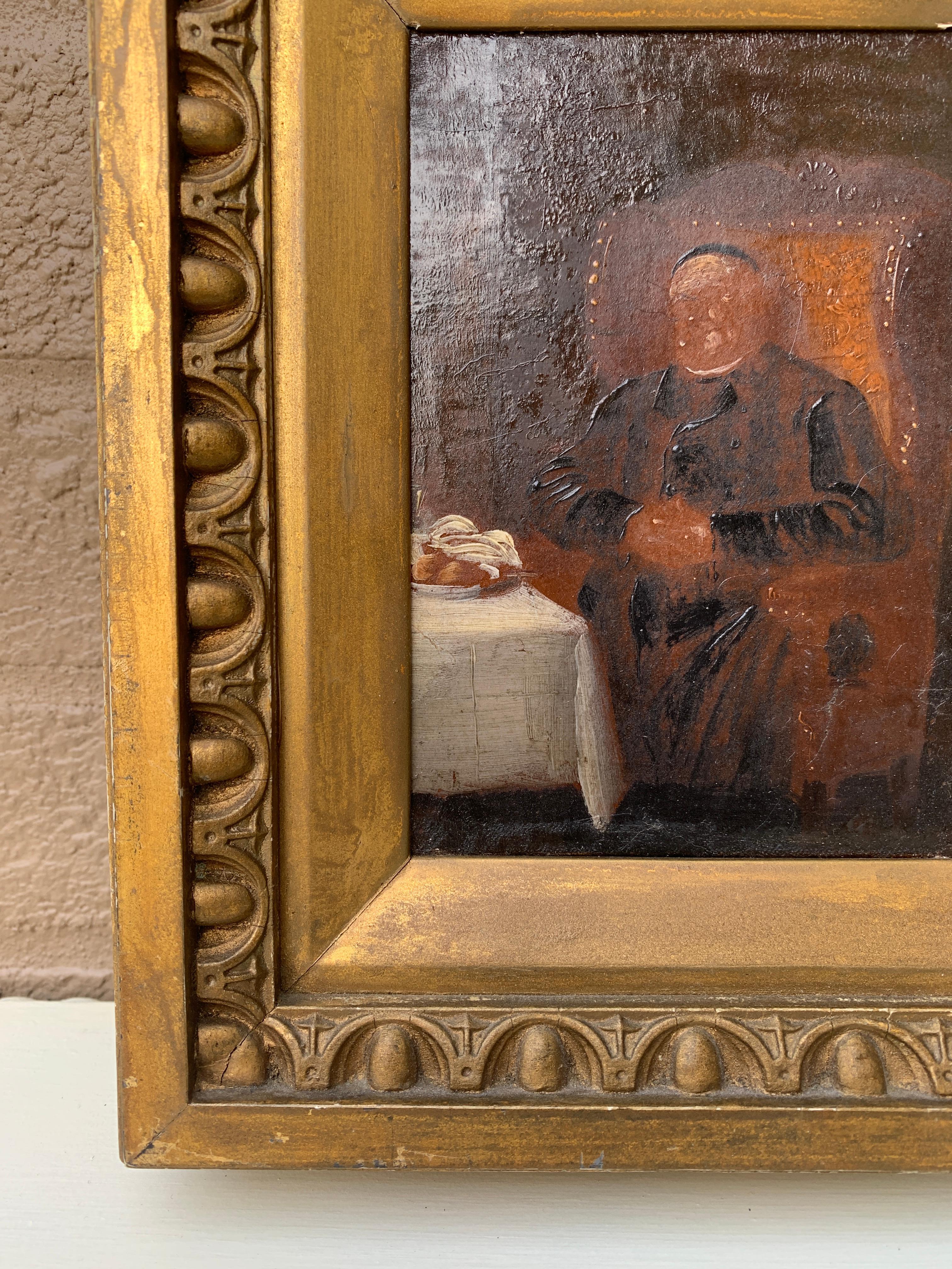 Antique Hand Painted Framed Oil on Canvas of a Priest, Late 19th Century In Good Condition For Sale In Elkhart, IN