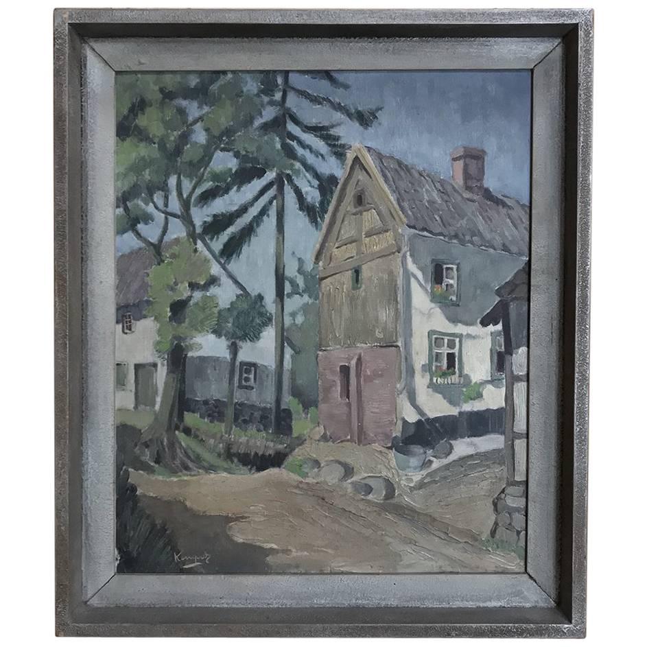Ancienne peinture à l'huile sur toile peinte à la main et encadrée par Kemper