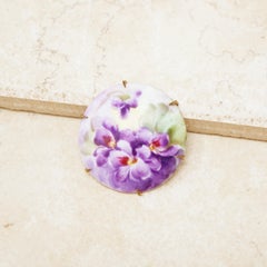 Antique Hand Painted French Limoges Porcelain Purple Flowers Brooch, 1800s