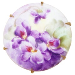 Antique Hand Painted French Limoges Porcelain Purple Flowers Brooch, 1800s