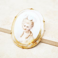 Antique Hand Painted French Limoges Porcelain Victorian Woman Brooch, 1800s