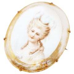 Antique Hand Painted French Limoges Porcelain Victorian Woman Brooch, 1800s