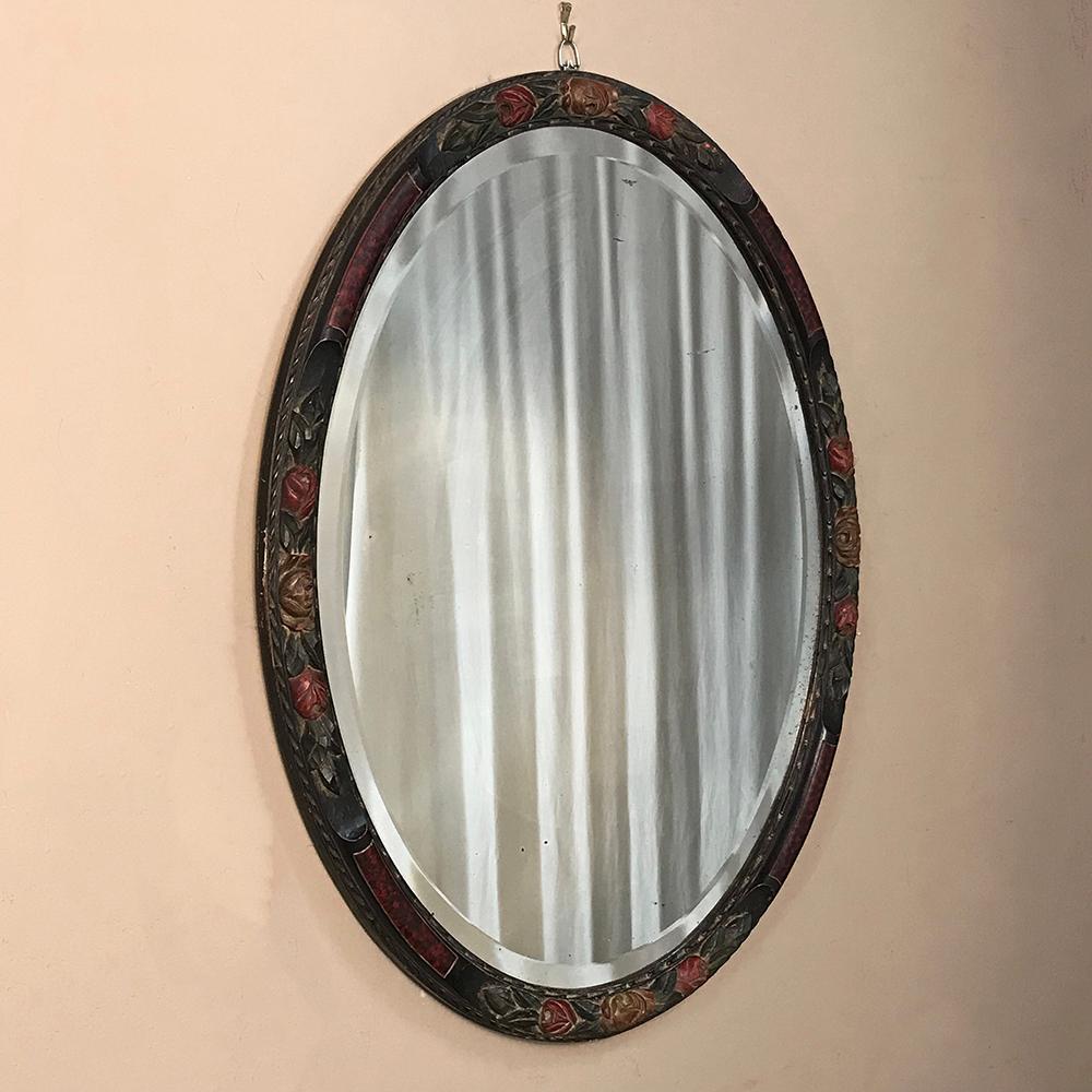Art Deco Antique Hand Painted French Oval Mirror For Sale