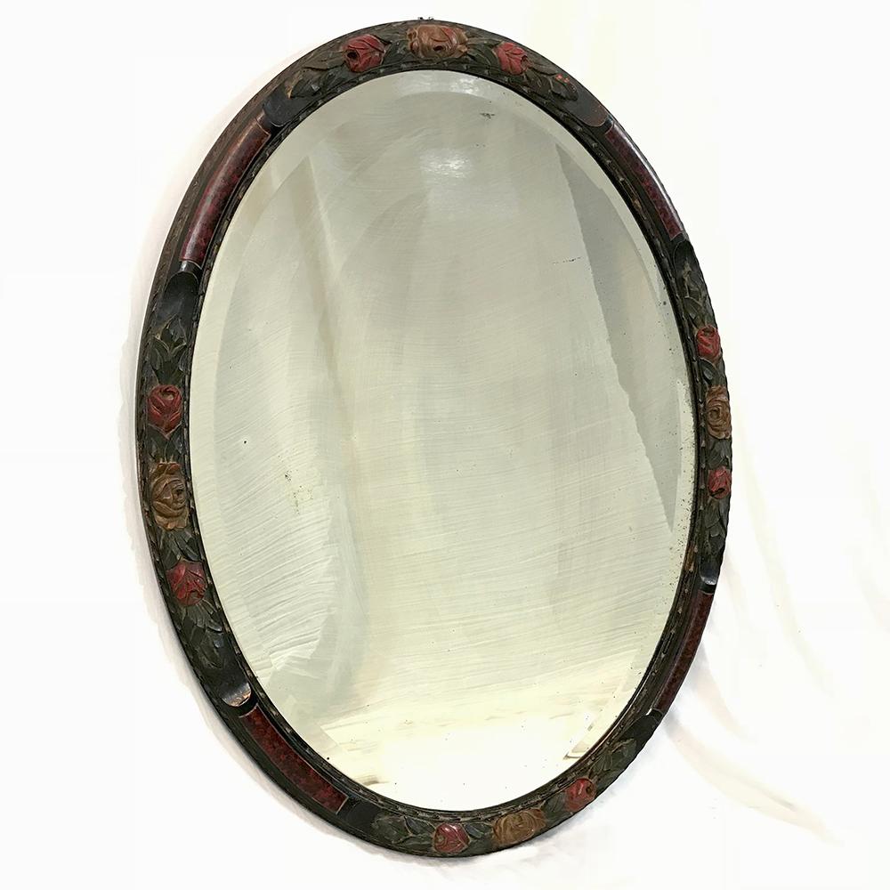 Hand-Carved Antique Hand Painted French Oval Mirror For Sale