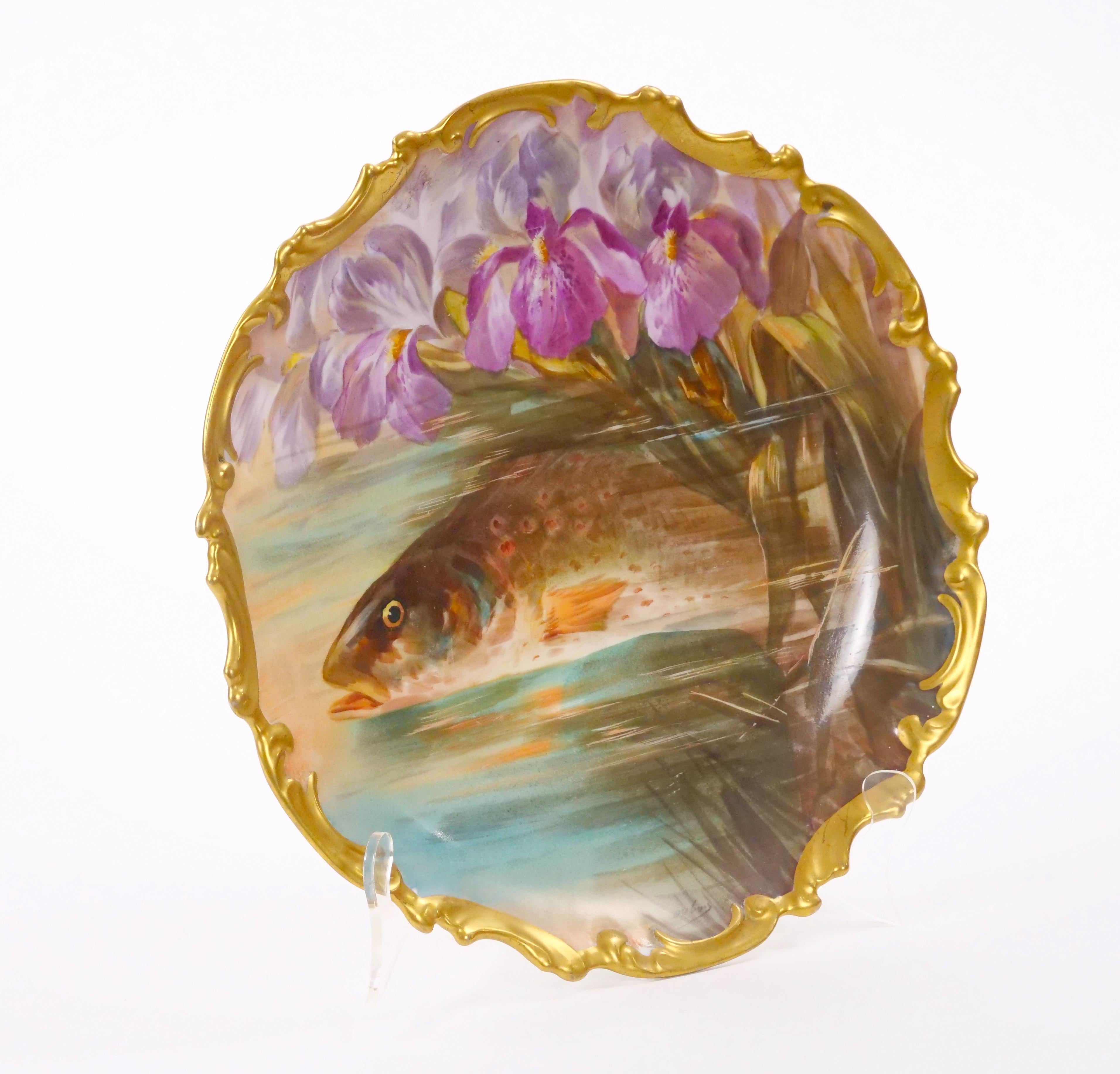 French Antique Hand Painted / Gilt Decorated Porcelain Wall Plate For Sale