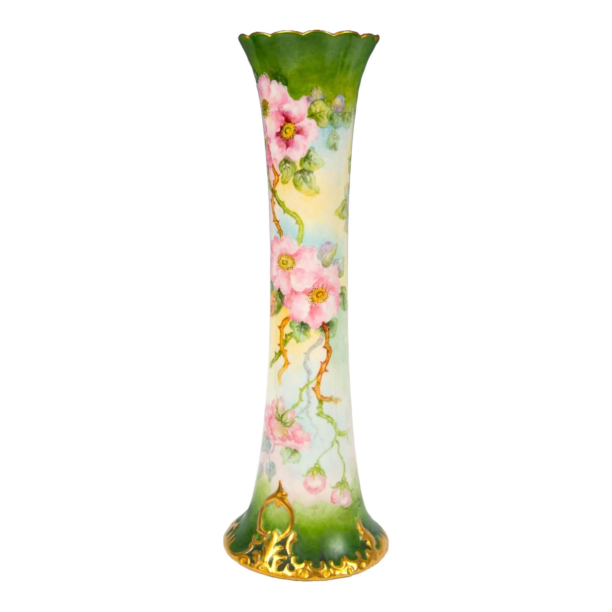 Antique Hand-painted & Gilt Decorated Tall Porcelain Rose Vase / Belleek Willets For Sale 4