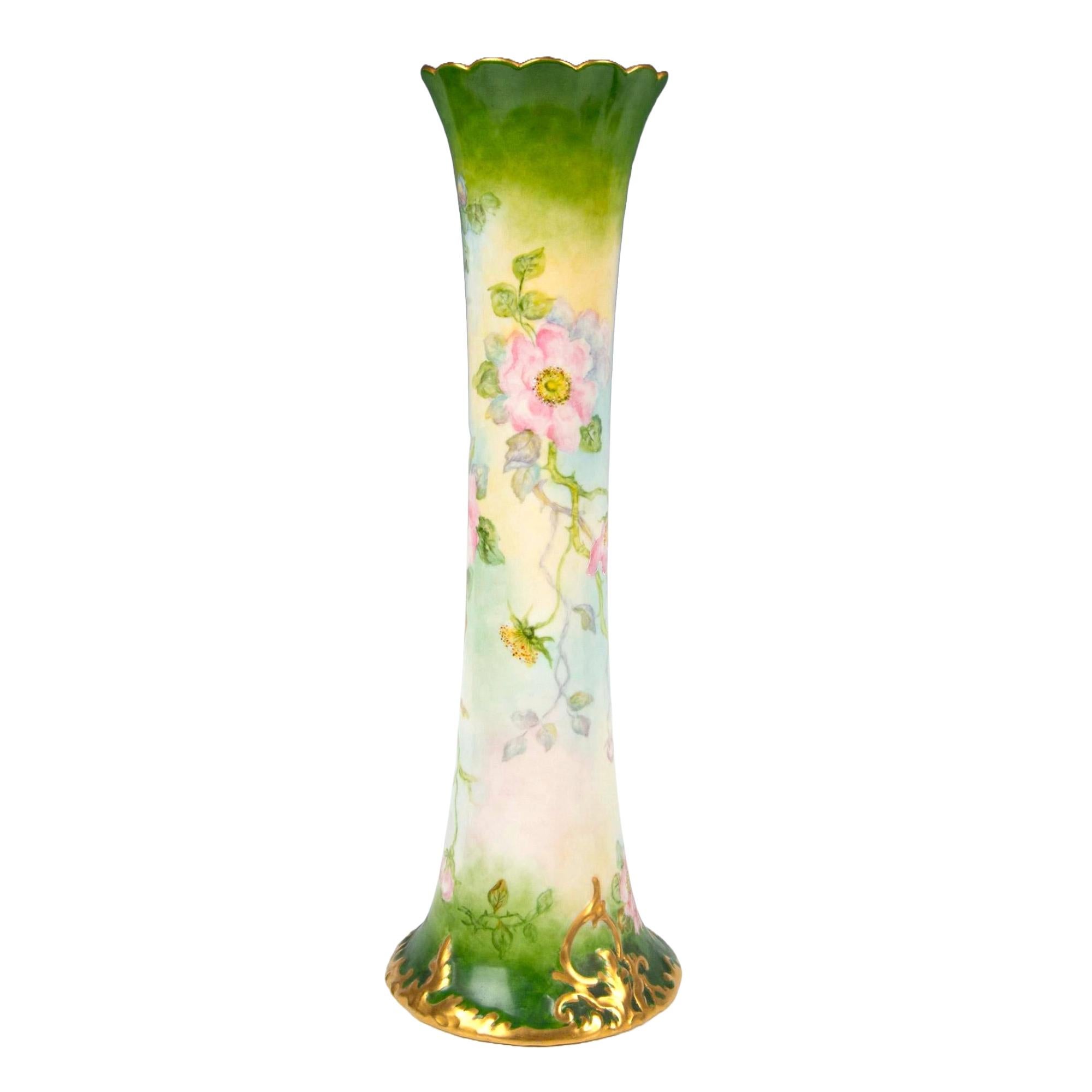 Victorian Antique Hand-painted & Gilt Decorated Tall Porcelain Rose Vase / Belleek Willets For Sale