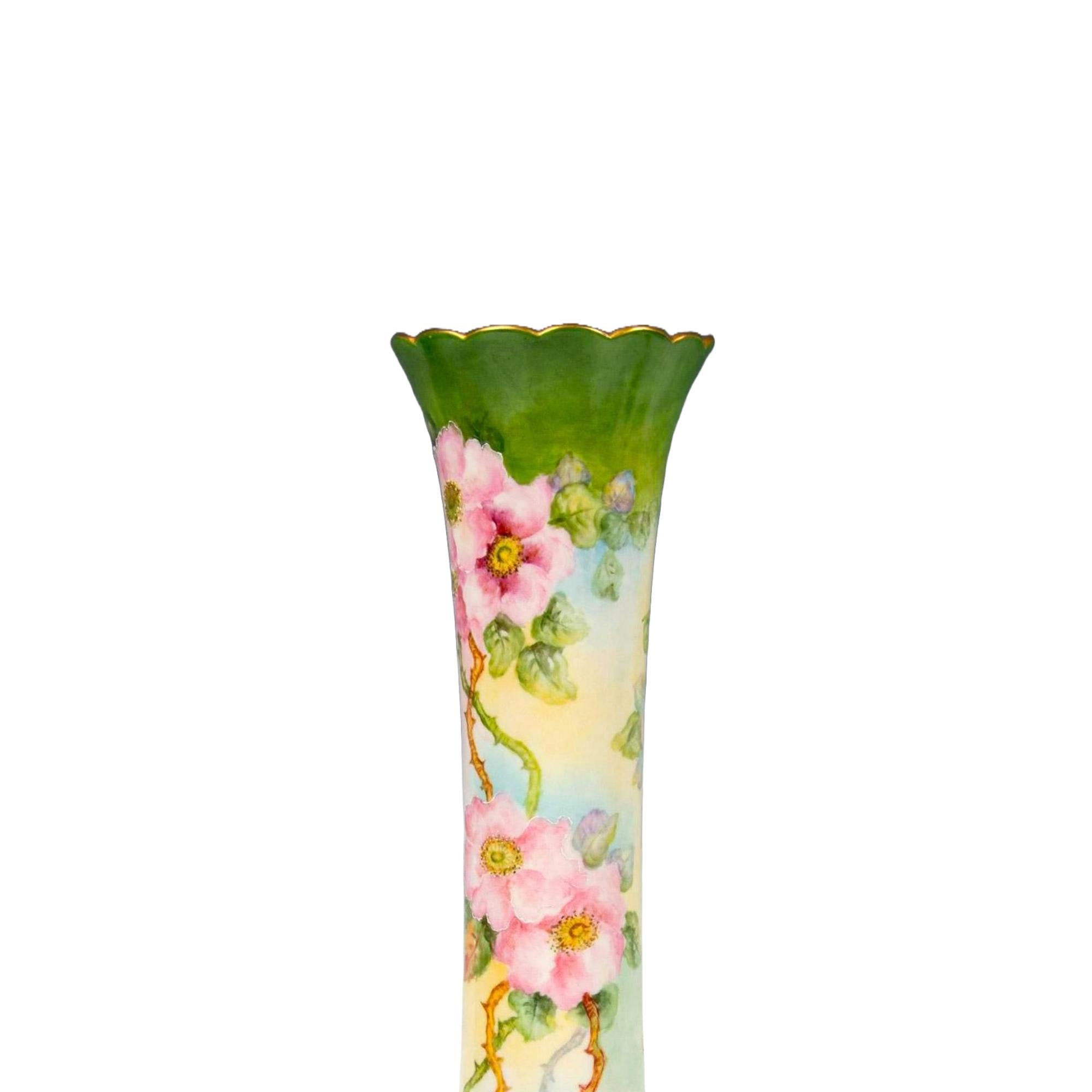 American Antique Hand-painted & Gilt Decorated Tall Porcelain Rose Vase / Belleek Willets For Sale