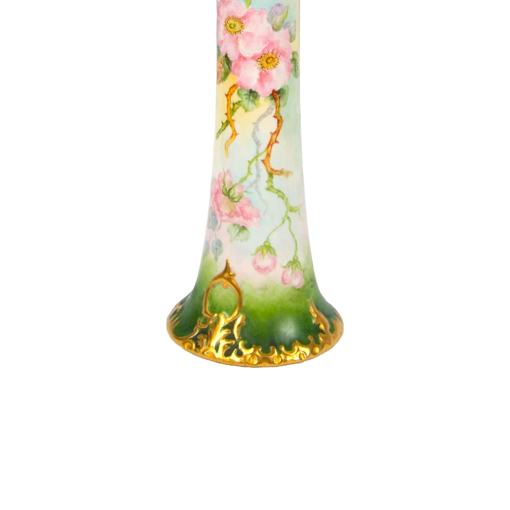 American Antique Hand-painted & Gilt Decorated Tall Porcelain Rose Vase / Belleek Willets For Sale
