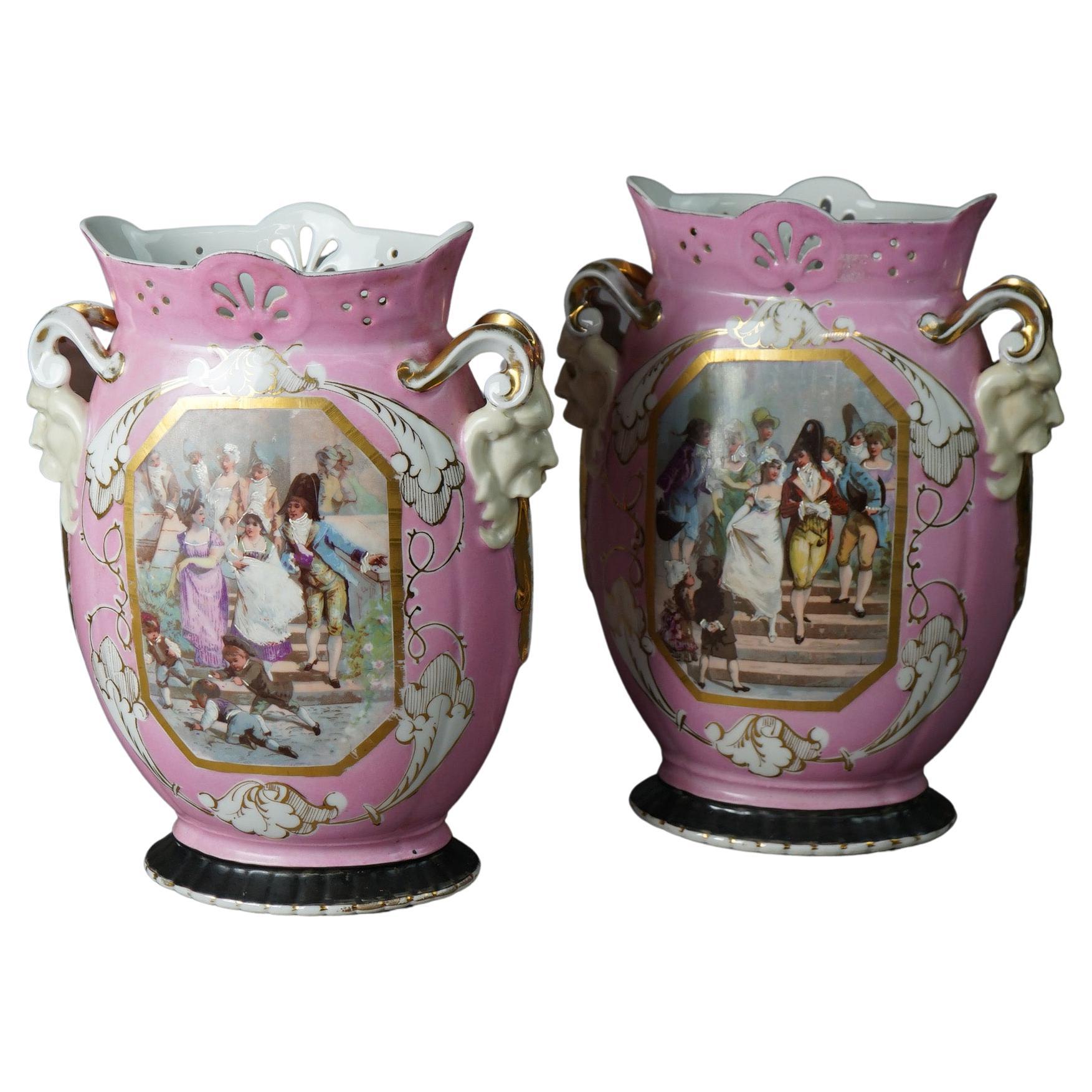 Antique Hand Painted 
Gilt Old Paris Porcelain Vases, Wedding Scene, 19th C