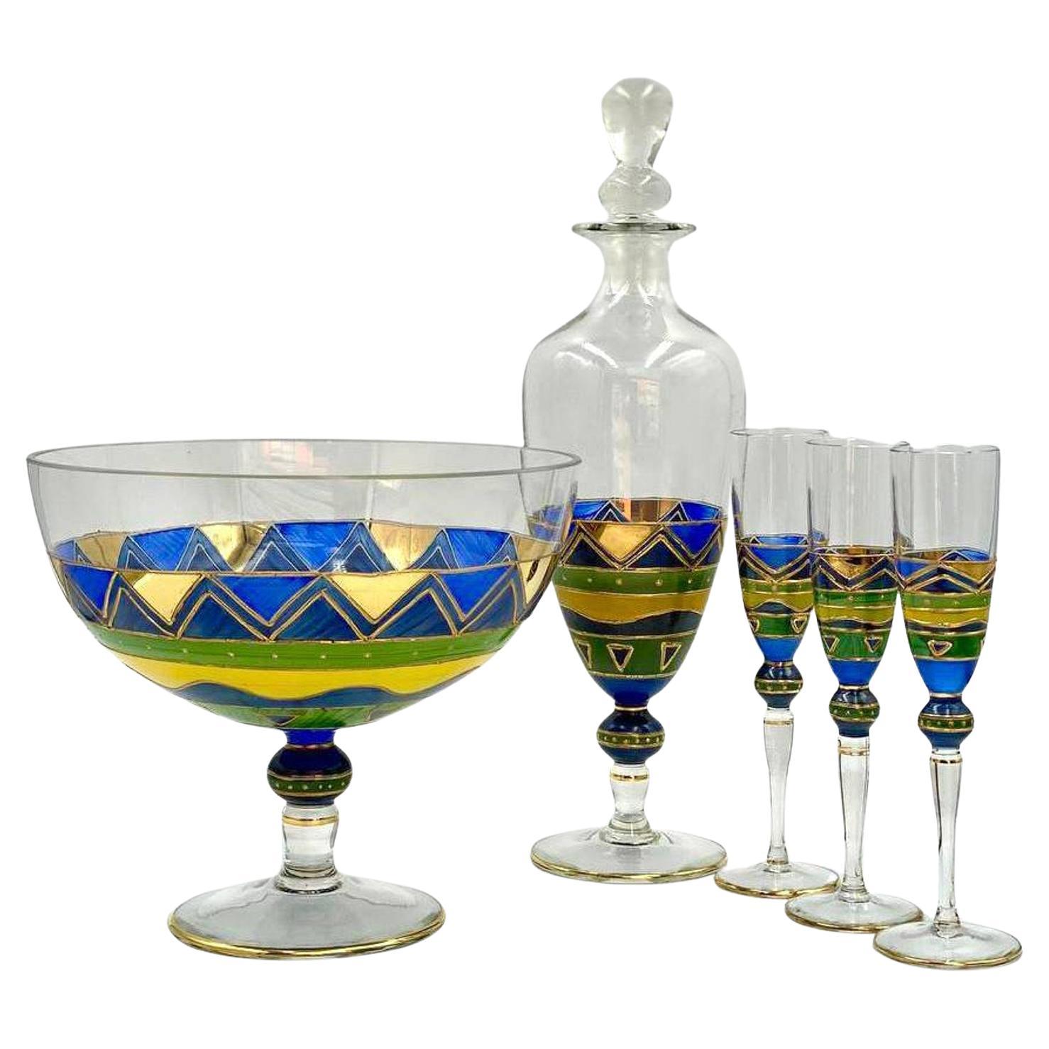 Antique Hand Painted Glass Bareware Set and Vase, 1930s For Sale