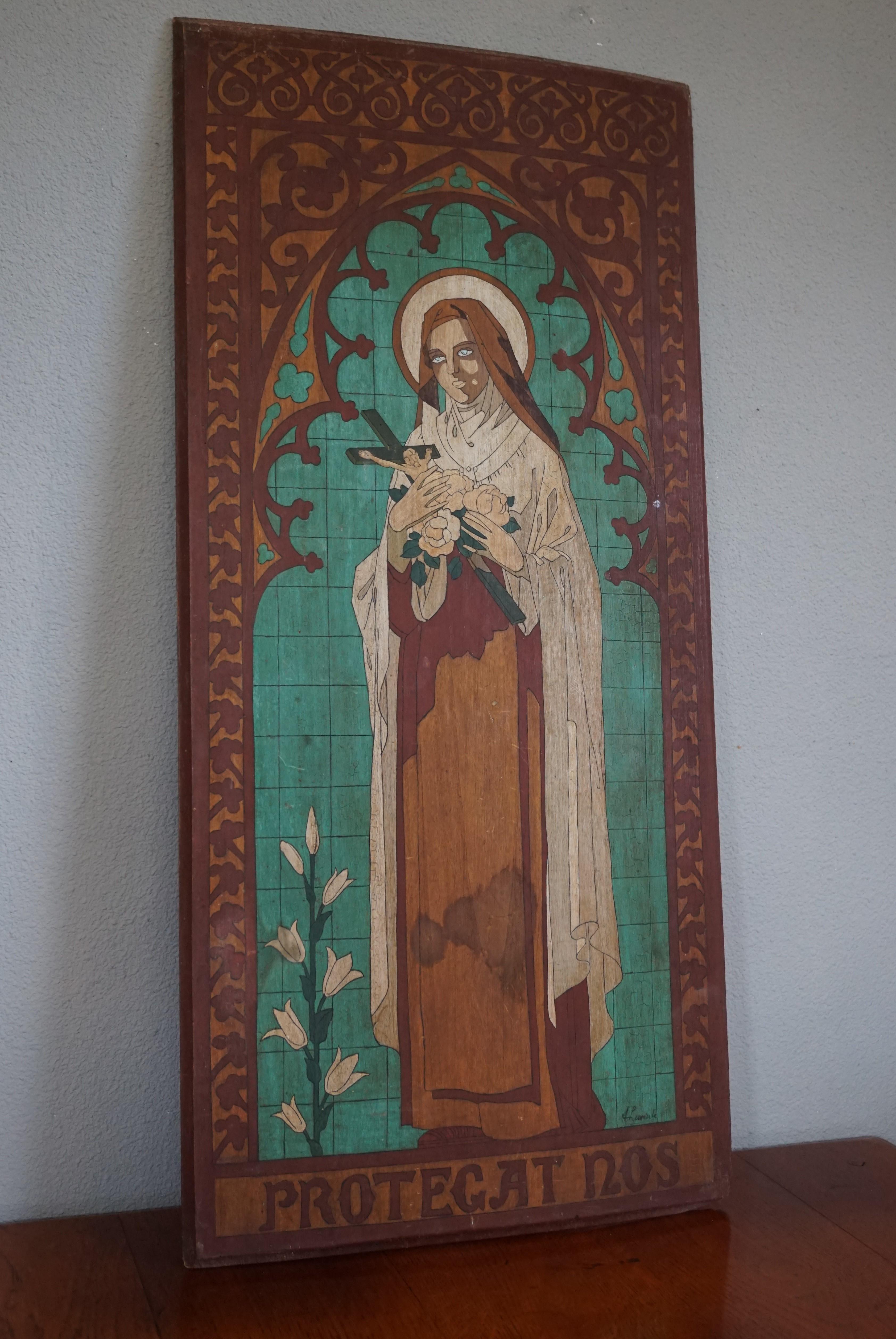 Antique Hand Painted Gothic Revival Wall Panel of Saint Theresia of Lisieux 4