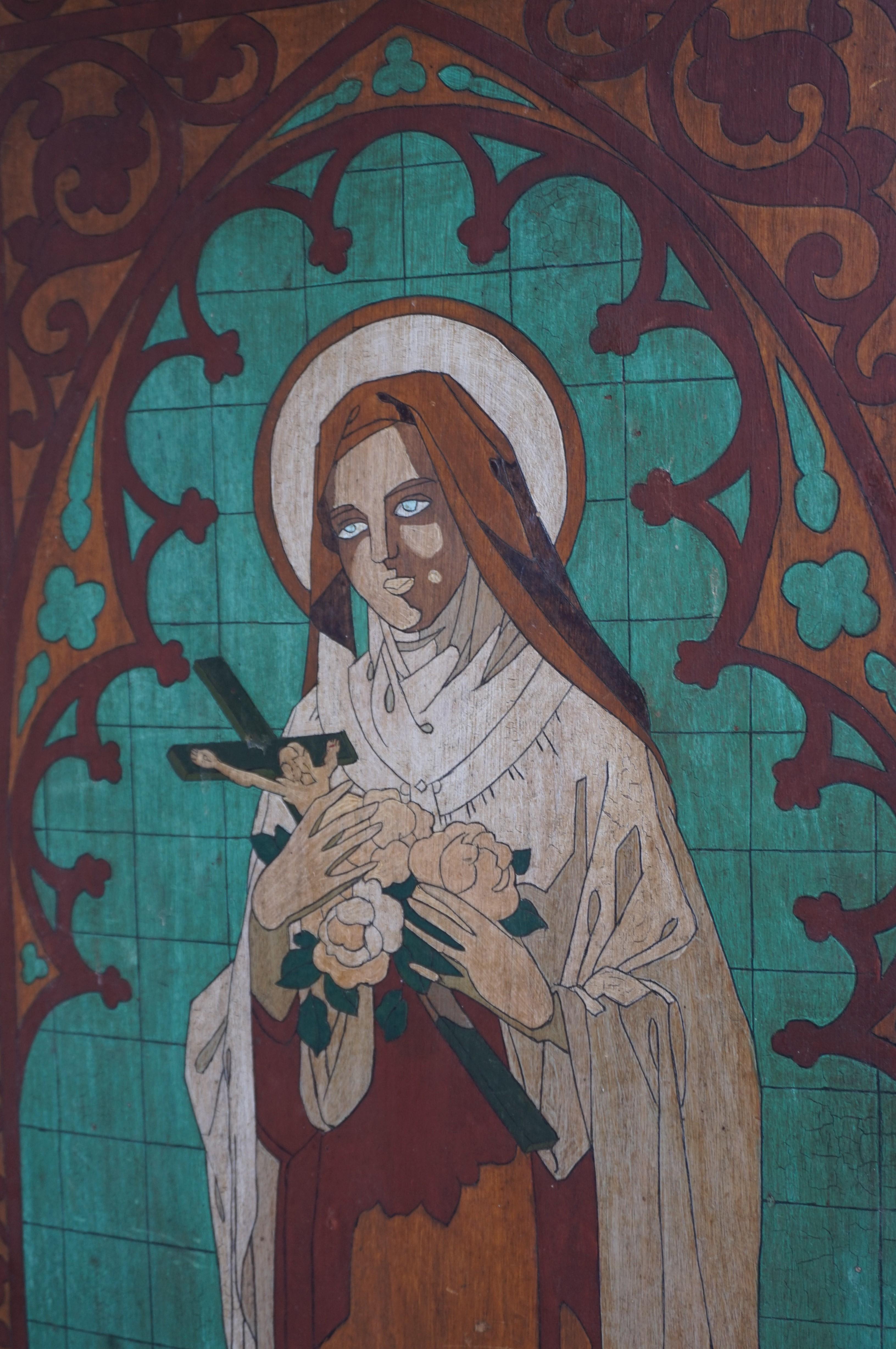 Hand-Painted Antique Hand Painted Gothic Revival Wall Panel of Saint Theresia of Lisieux