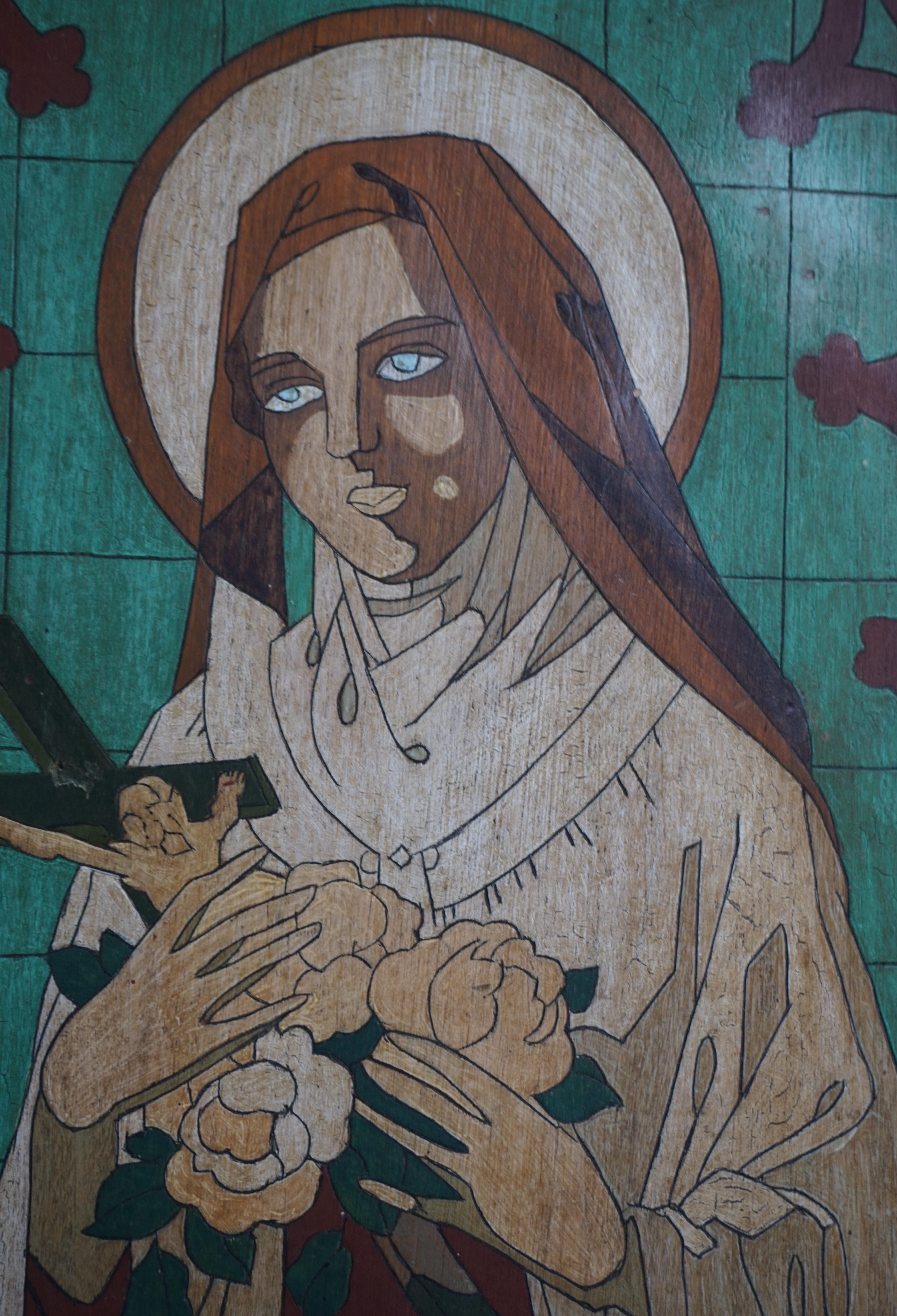 Antique Hand Painted Gothic Revival Wall Panel of Saint Theresia of Lisieux In Good Condition In Lisse, NL