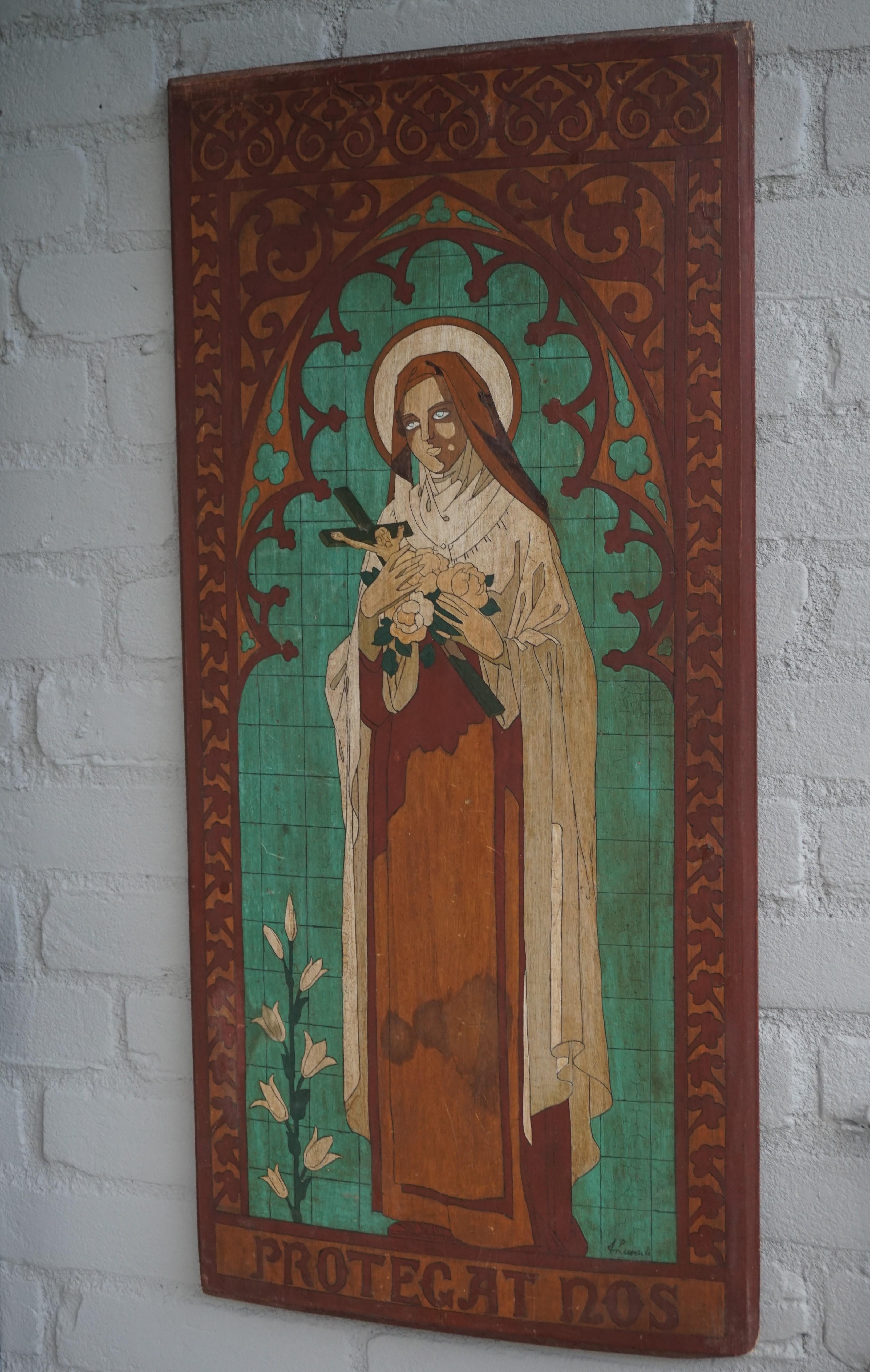 Antique Hand Painted Gothic Revival Wall Panel of Saint Theresia of Lisieux 2