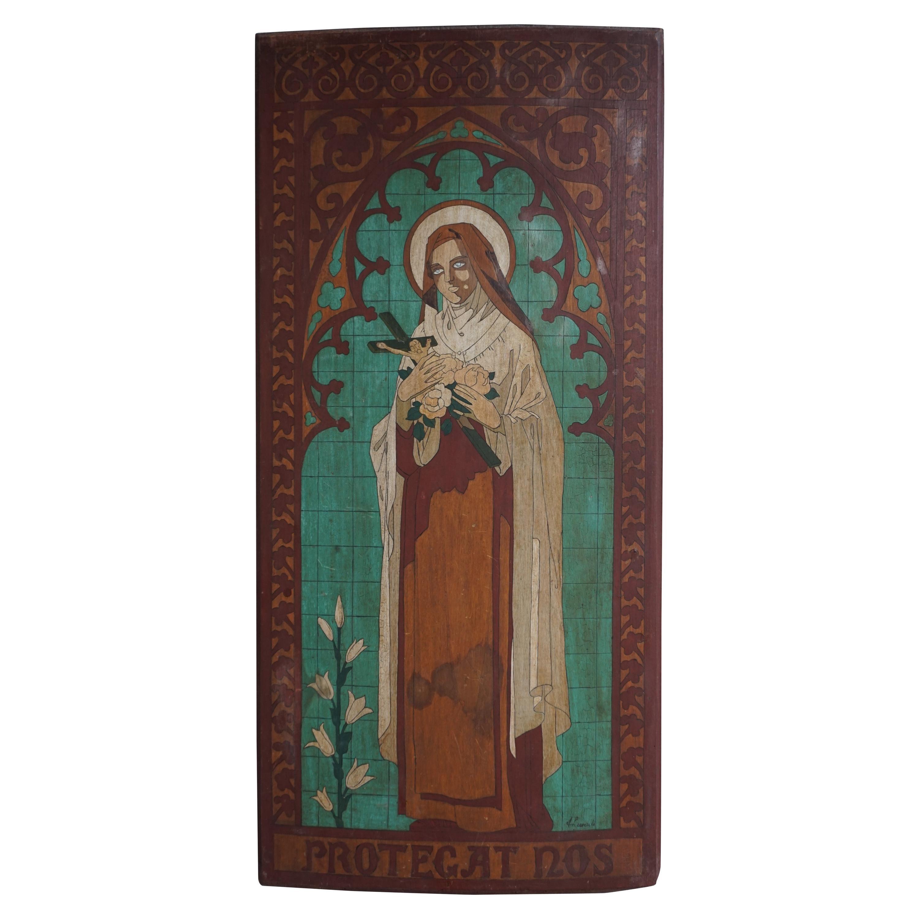 Antique Hand Painted Gothic Revival Wall Panel of Saint Theresia of Lisieux