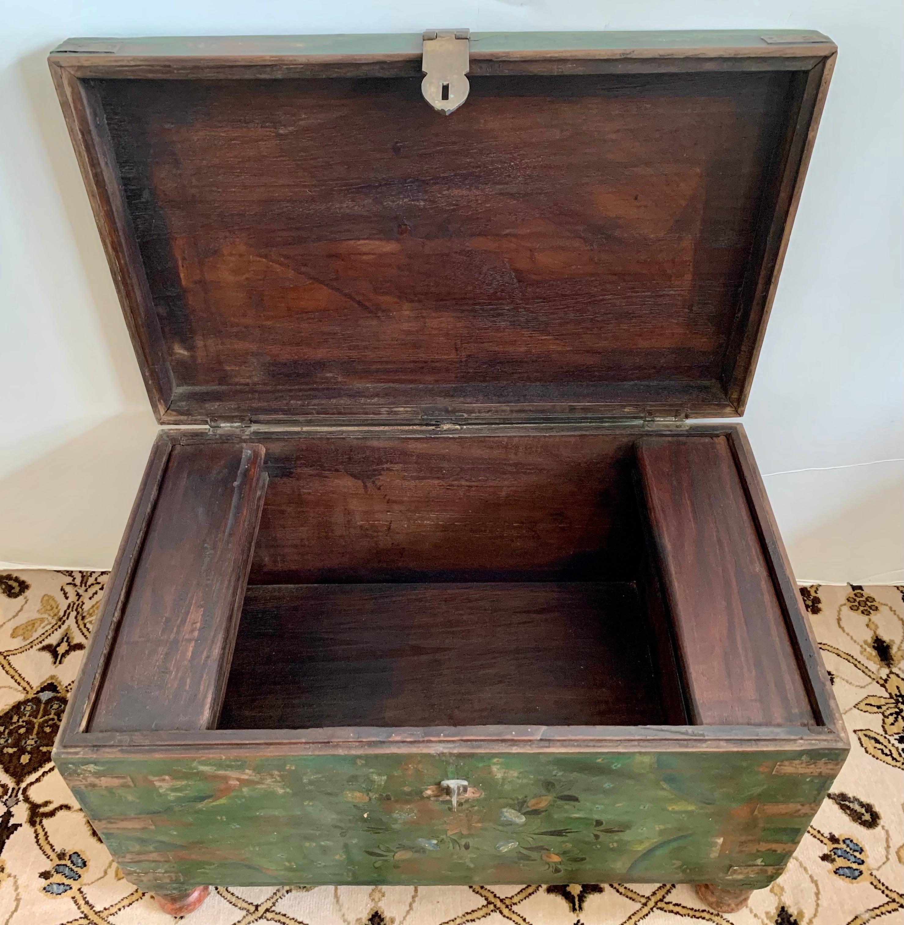 Rustic Antique Hand Painted Green Trunk Blanket Chest