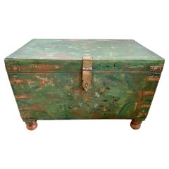 Antique Hand Painted Green Trunk Blanket Chest