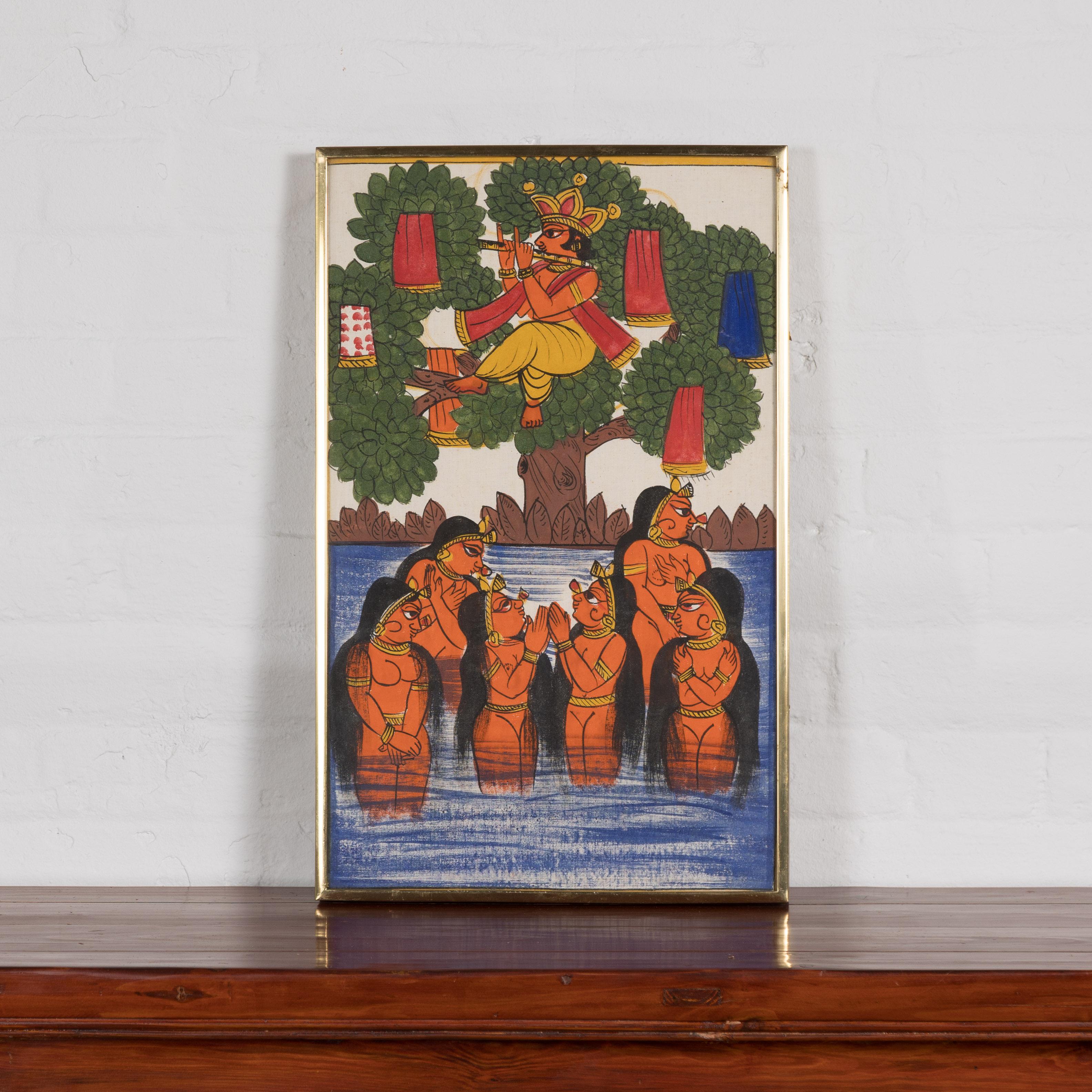 An antique Indian hand-painted folk art painting depicting six maidens and a musician. Introducing an enchanting piece of Indian heritage, an antique folk art painting that vividly captures an idyllic scene of six maidens and a musician. Beautifully