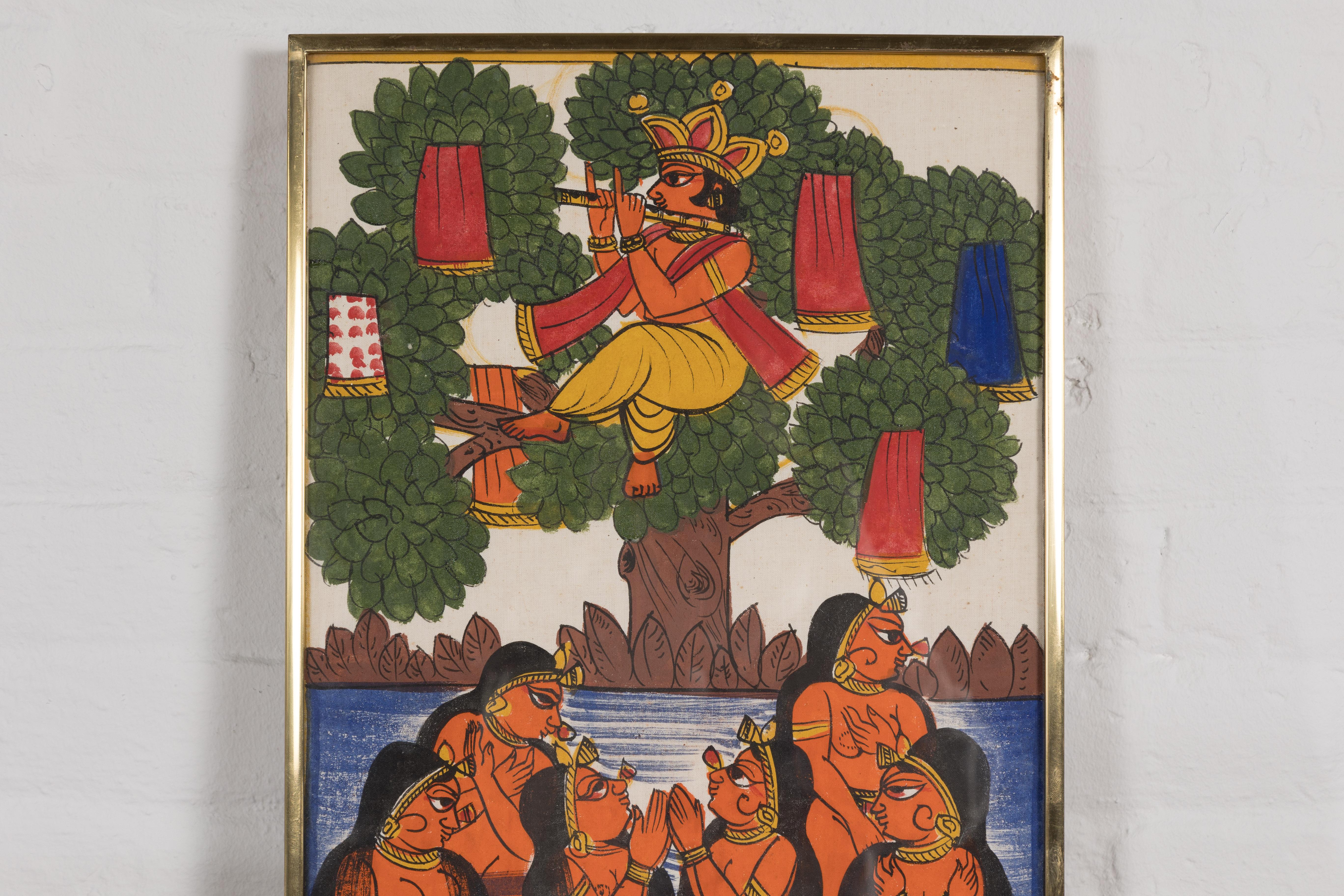 Indian Antique Hand-Painted Folk Art Painting In Good Condition For Sale In Yonkers, NY