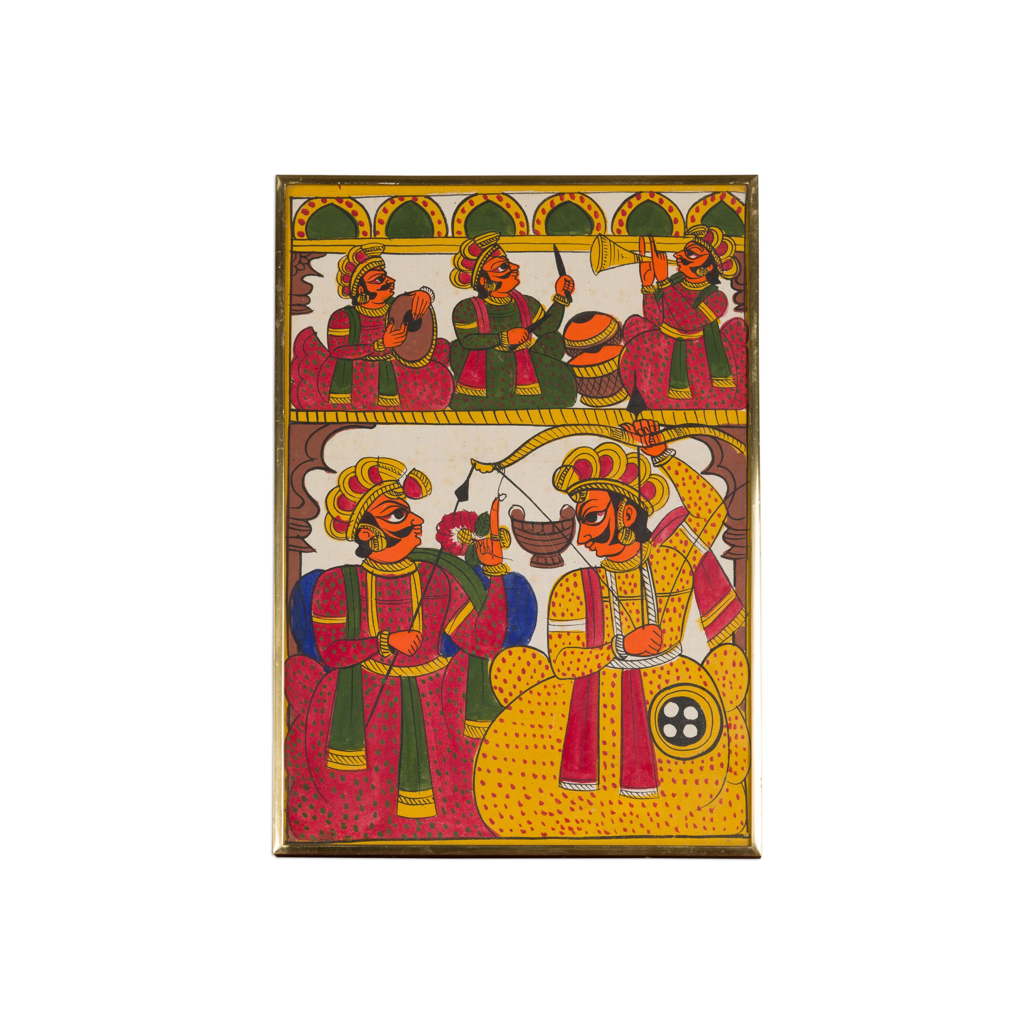 Antique Hand Painted Indian Folk Art Painting Depicting Musicians and Archers For Sale 8